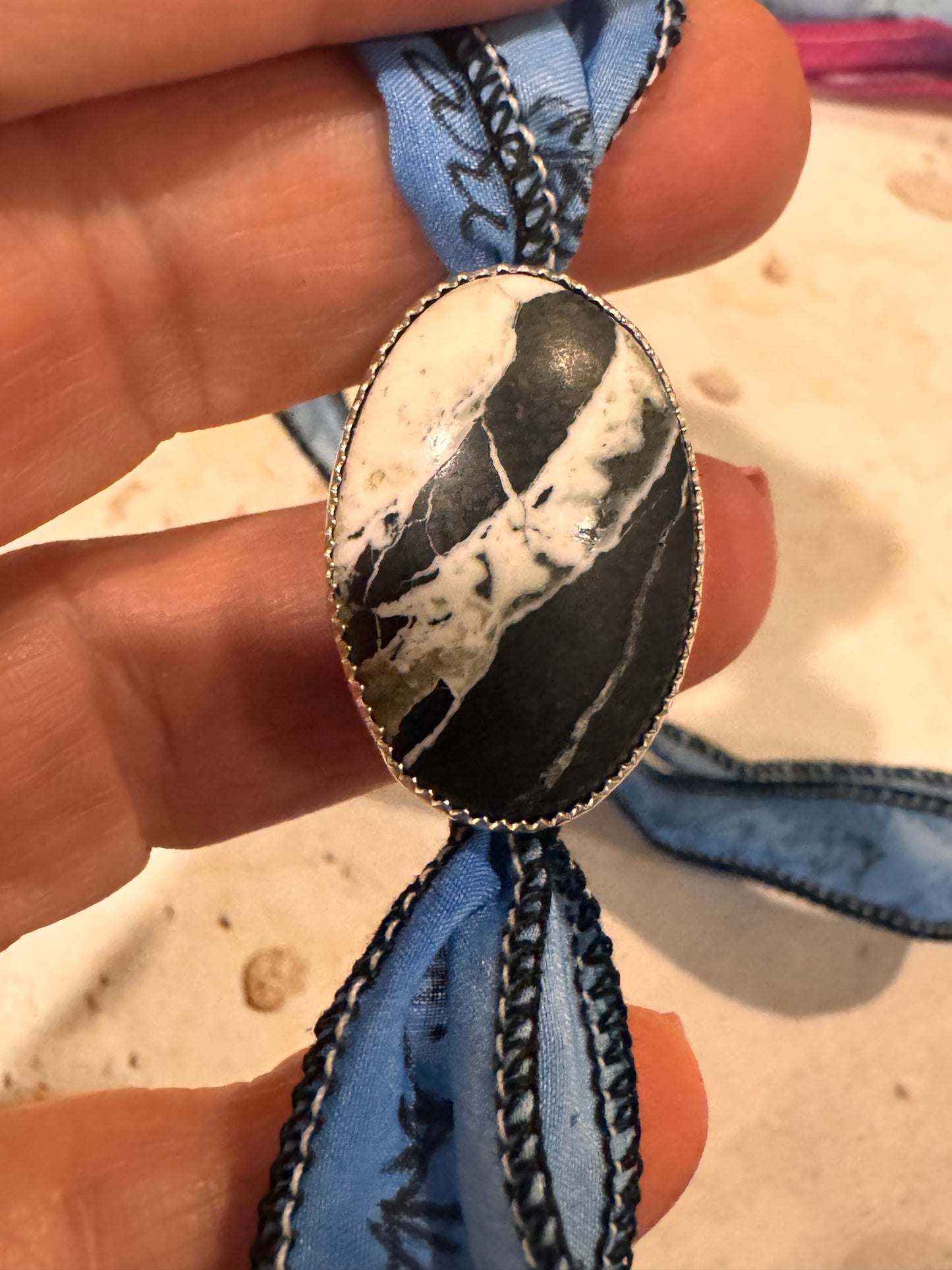 Handmade White Buffalo Turquoise Silk Wrap | Sterling Silver, Multiway Jewelry