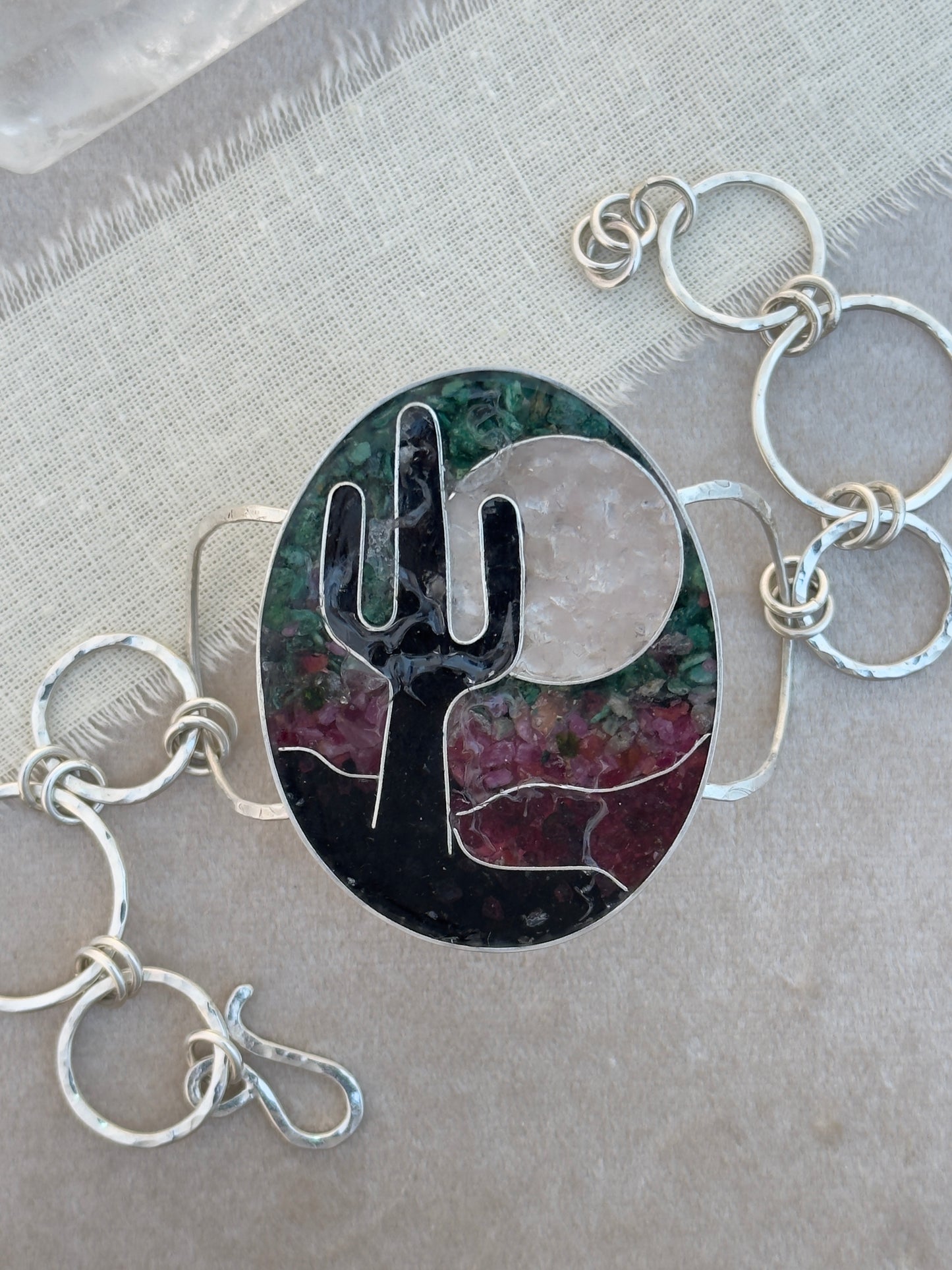 Desert Nocturne Bracelet | Sterling Silver, Saguaro + Moon Night Inlay Jewelry by Sun Salt Silver