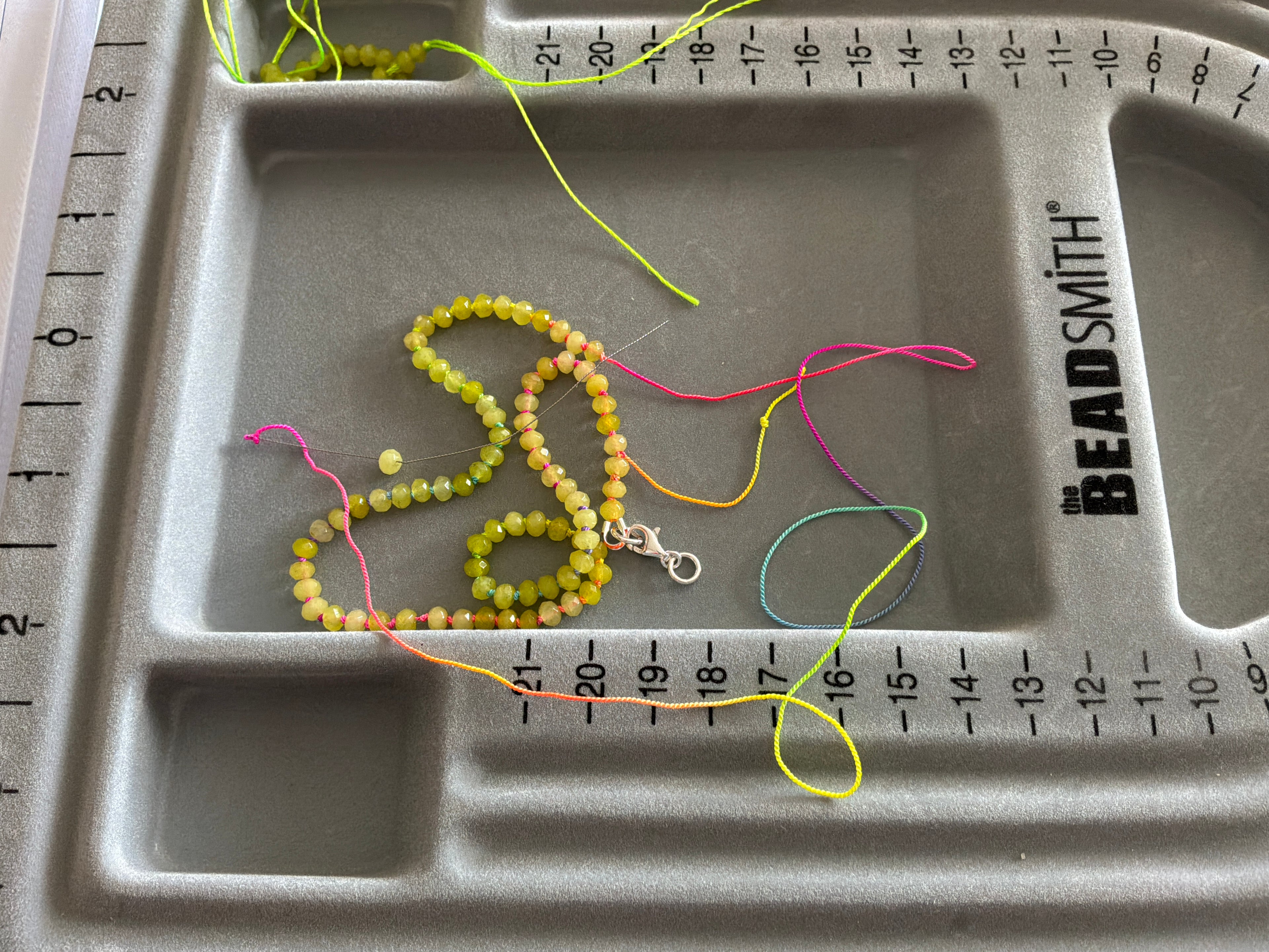 Hand Knotted Green Jade Necklace with Rainbow Silk