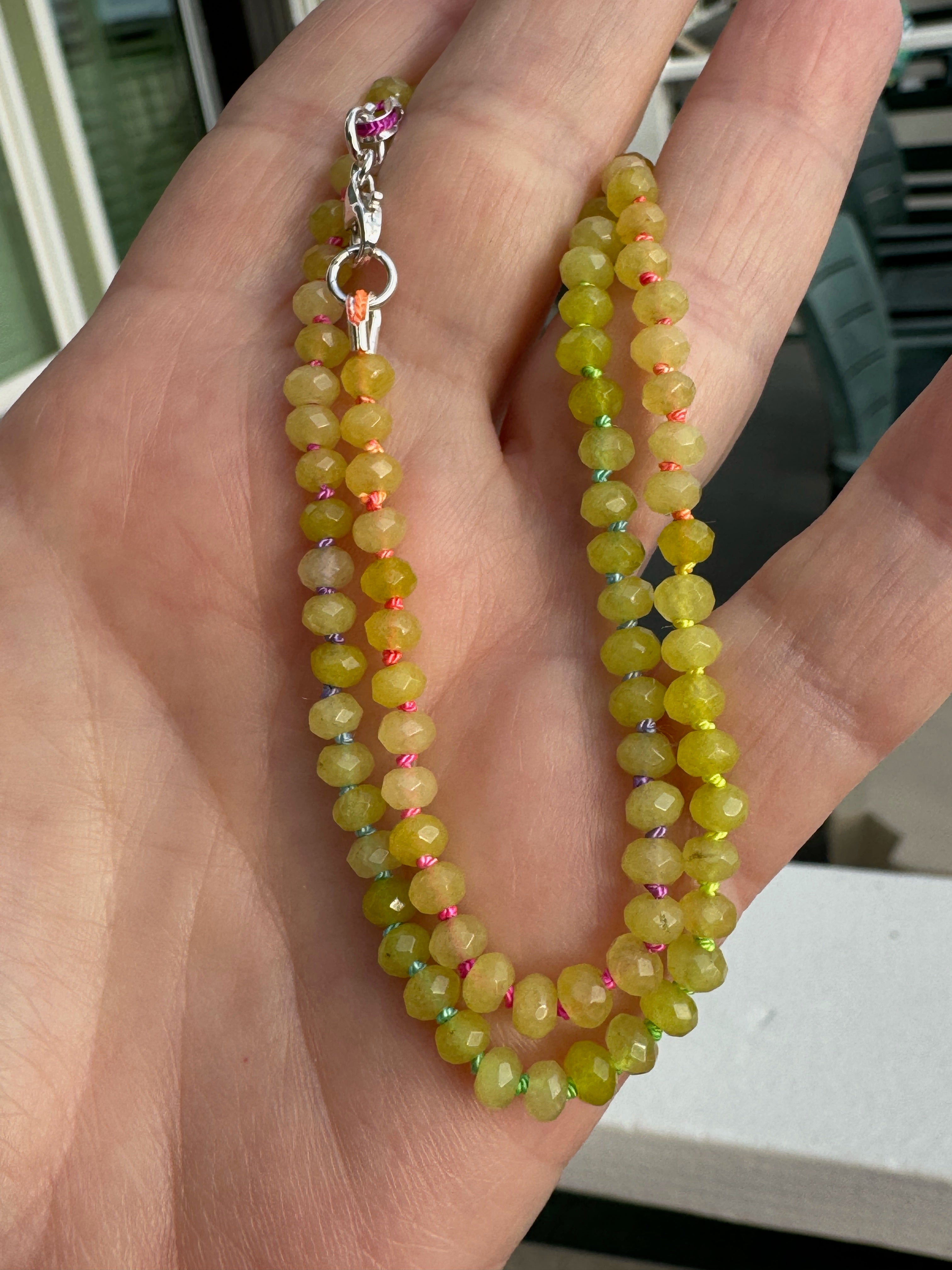 Hand Knotted Green Jade Necklace with Rainbow Silk