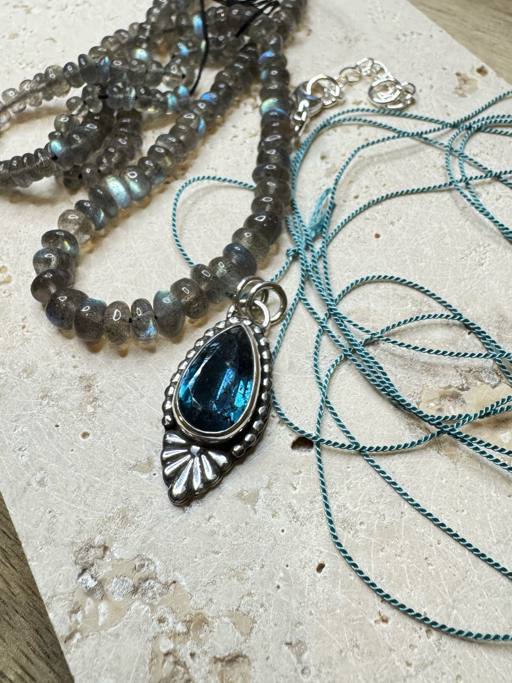 Blue Hour Bloom teal kyanite and labradorite necklace in progress