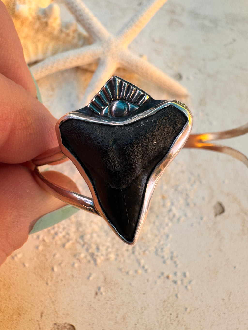 Salt + Siren Cuff | Shark Tooth & Sierra Nevada Turquoise Statement Bracelet | Sterling Silver Ocean-Inspired Jewelry - Sun Salt Silver