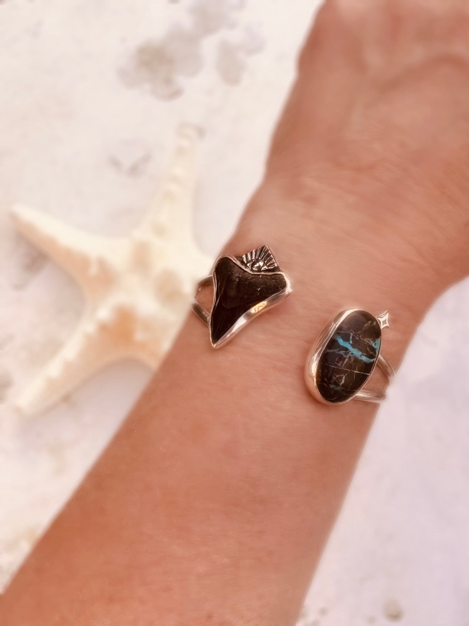 Salt + Siren Cuff | Shark Tooth & Sierra Nevada Turquoise Statement Bracelet | Sterling Silver Ocean-Inspired Jewelry - Sun Salt Silver