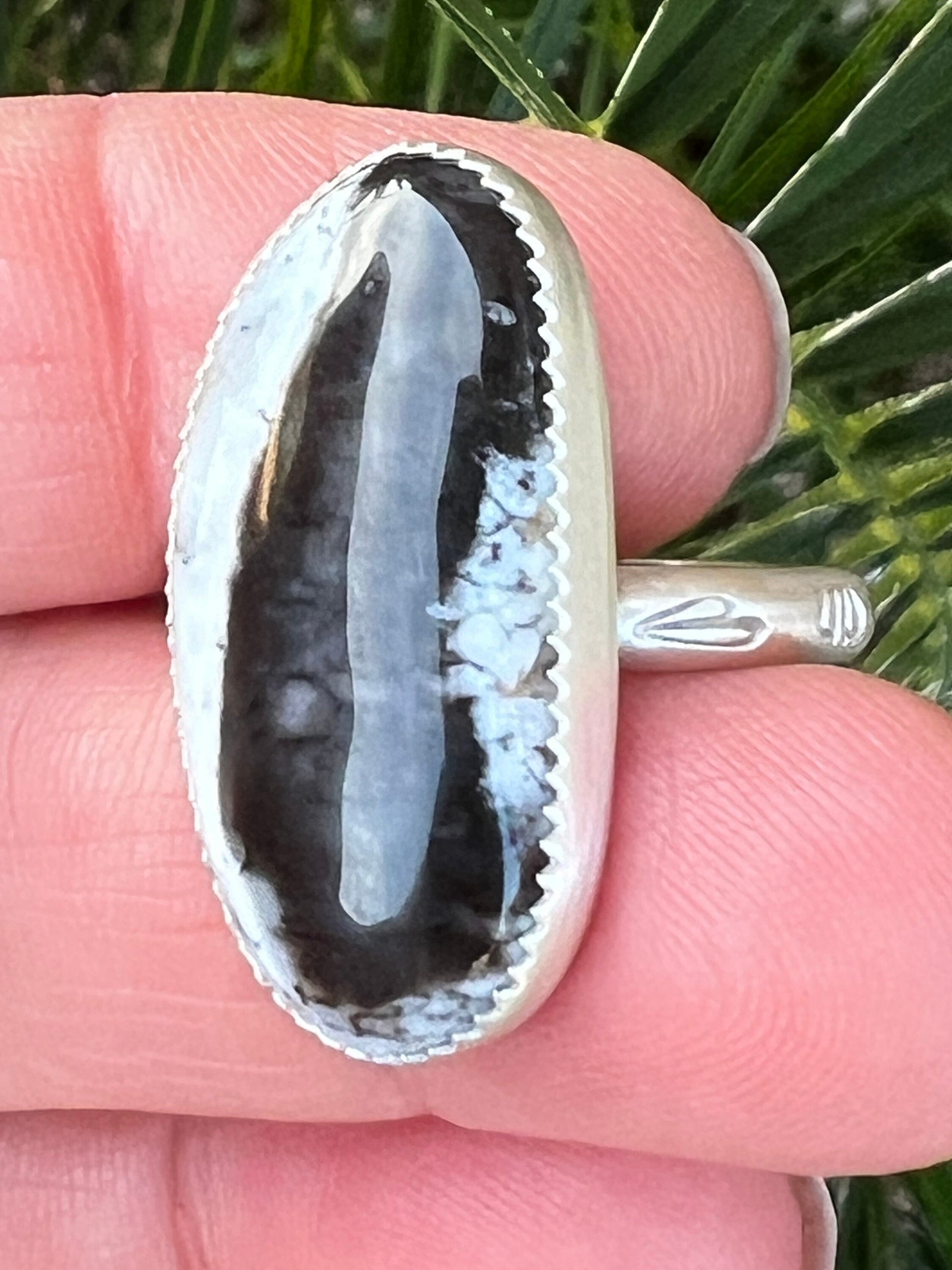 One-of-a-Kind Dendritic Opal Ring in Fine and Sterling Silver - Size 9 Handcrafted, Stamped Band Black and White