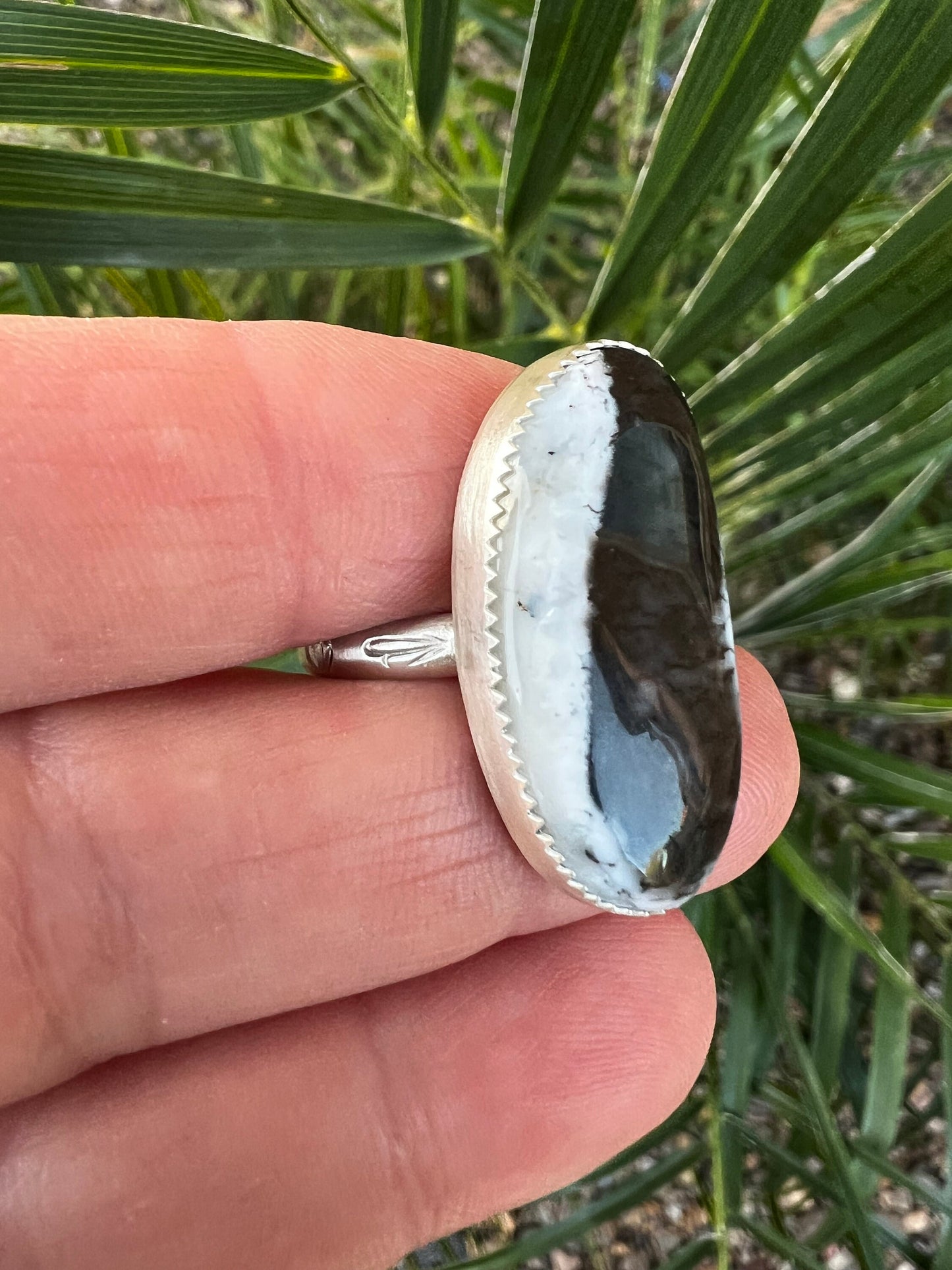 One-of-a-Kind Dendritic Opal Ring in Fine and Sterling Silver - Size 9 Handcrafted, Stamped Band Black and White