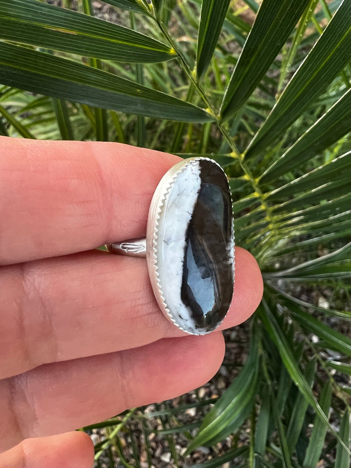 One-of-a-Kind Dendritic Opal Ring in Fine and Sterling Silver - Size 9 Handcrafted, Stamped Band Black and White