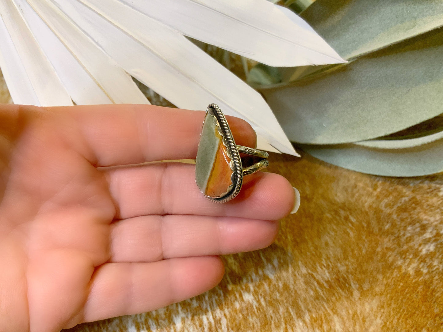 One-of-a-Kind Desert Jasper Ring in Fine and Sterling Silver - Size 6.5 Handcrafted, Stamped, Split Shank Band, Boho Cowgirl, Western, OOAK