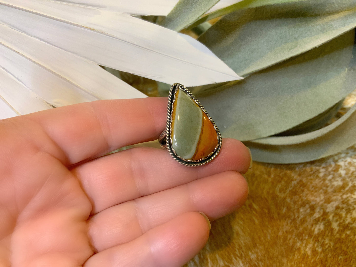 One-of-a-Kind Desert Jasper Ring in Fine and Sterling Silver - Size 6.5 Handcrafted, Stamped, Split Shank Band, Boho Cowgirl, Western, OOAK