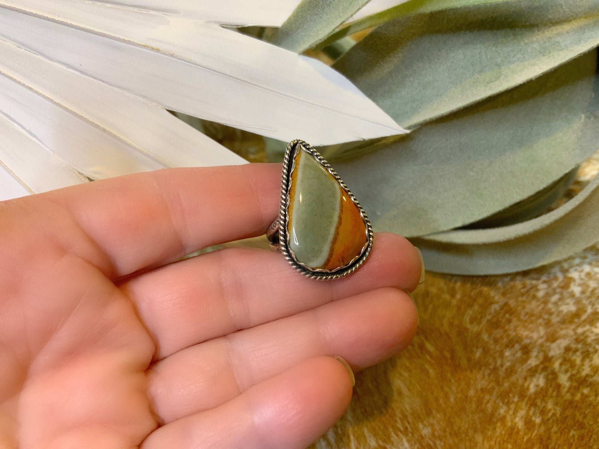 One-of-a-Kind Desert Jasper Ring in Fine and Sterling Silver - Size 6.5 Handcrafted, Stamped, Split Shank Band, Boho Cowgirl, Western, OOAK