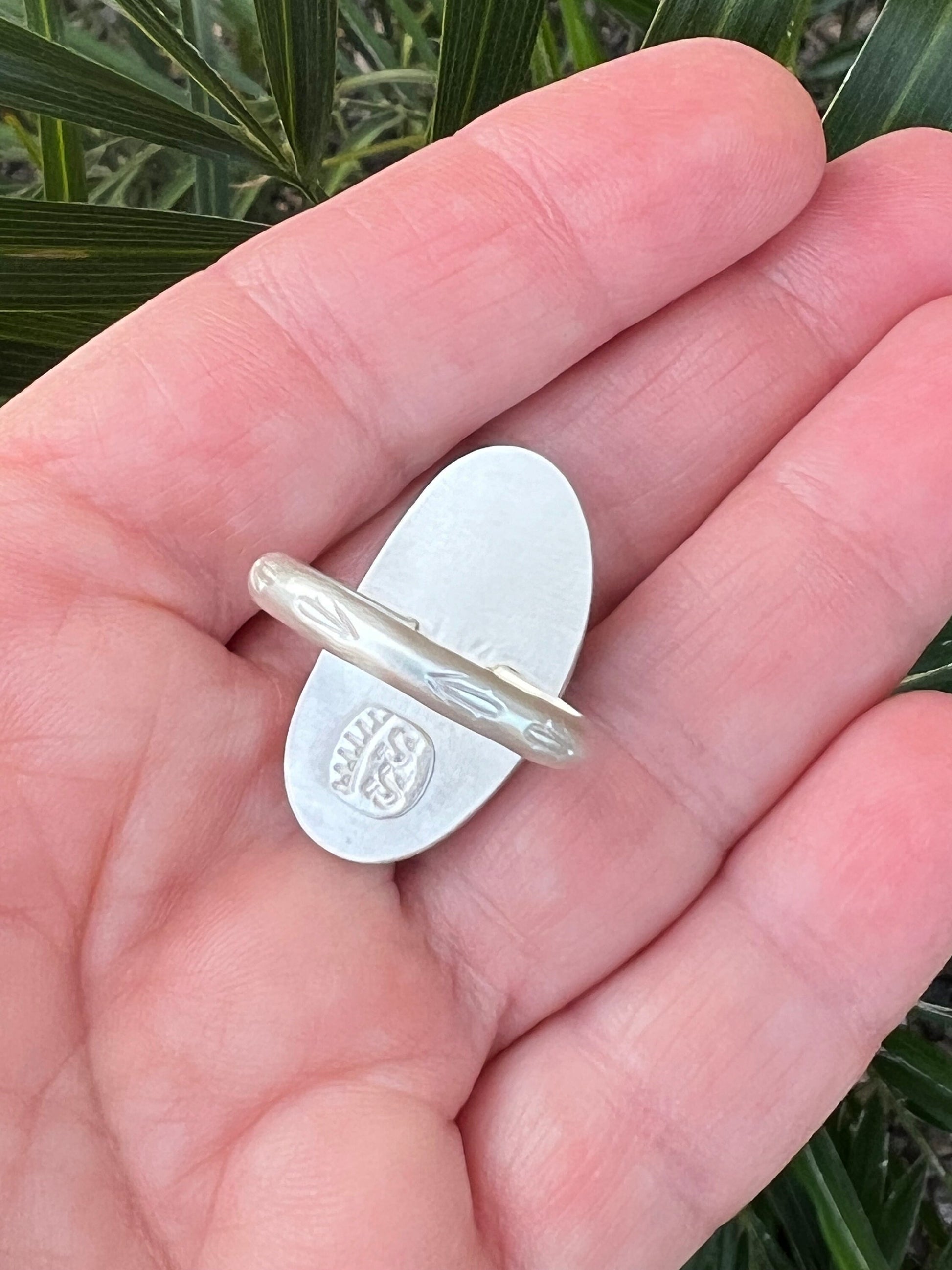 One-of-a-Kind Dendritic Opal Ring in Fine and Sterling Silver - Size 9 Handcrafted, Stamped Band Black and White