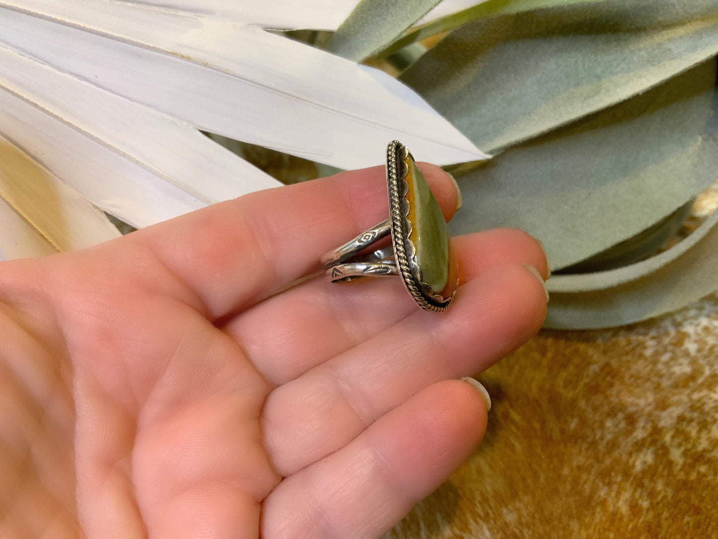 One-of-a-Kind Desert Jasper Ring in Fine and Sterling Silver - Size 6.5 Handcrafted, Stamped, Split Shank Band, Boho Cowgirl, Western, OOAK