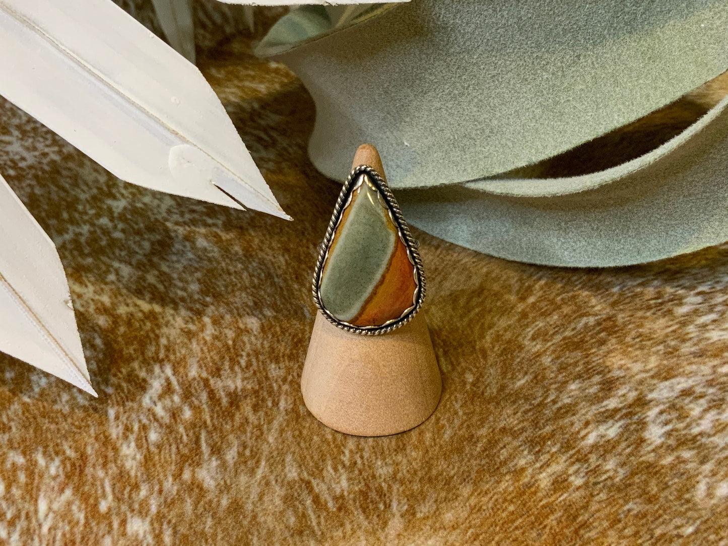 One-of-a-Kind Desert Jasper Ring in Fine and Sterling Silver - Size 6.5 Handcrafted, Stamped, Split Shank Band, Boho Cowgirl, Western, OOAK