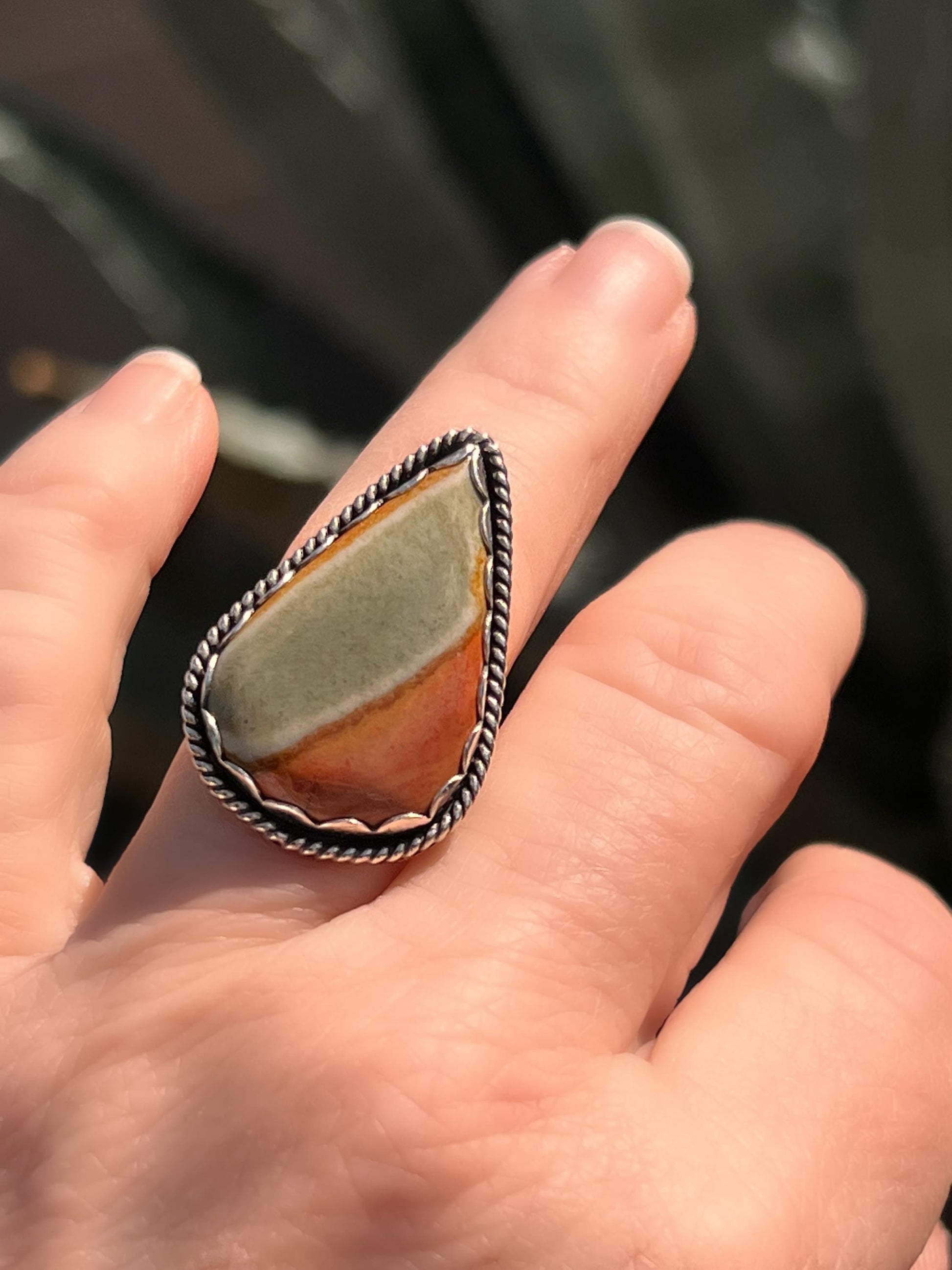 One-of-a-Kind Desert Jasper Ring in Fine and Sterling Silver - Size 6.5 Handcrafted, Stamped, Split Shank Band, Boho Cowgirl, Western, OOAK