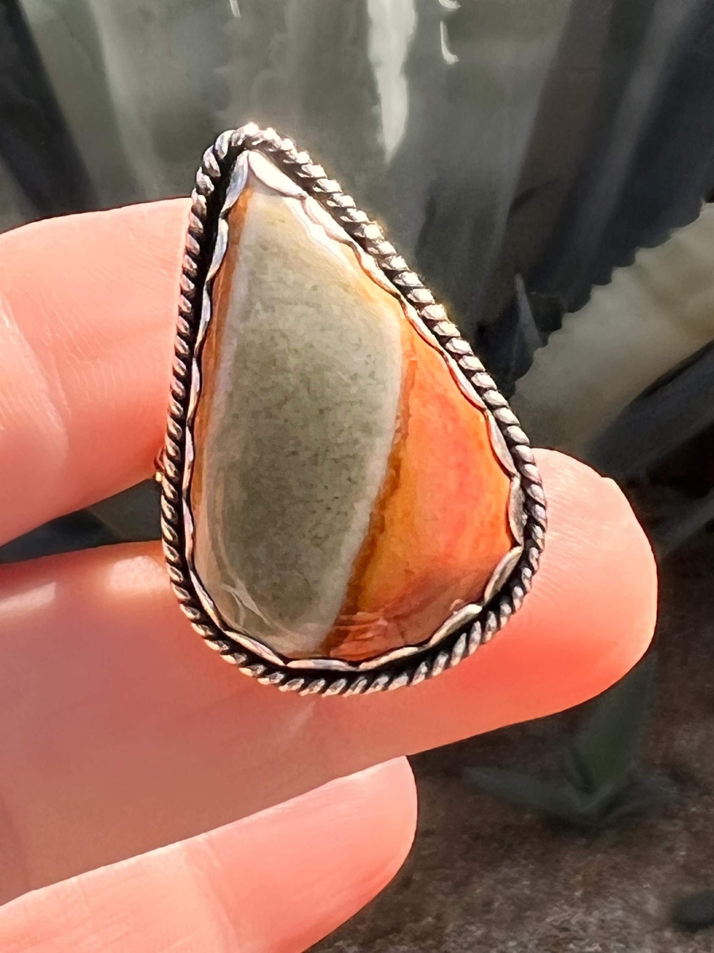 One-of-a-Kind Desert Jasper Ring in Fine and Sterling Silver - Size 6.5 Handcrafted, Stamped, Split Shank Band, Boho Cowgirl, Western, OOAK