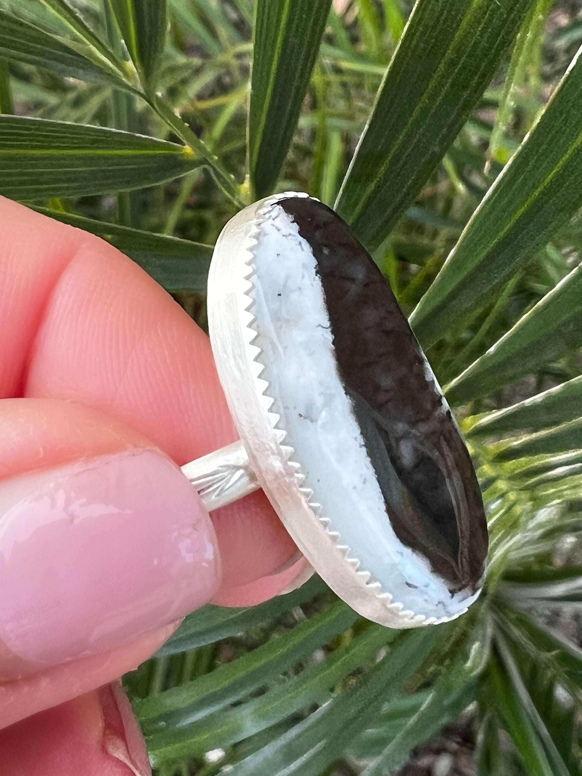 One-of-a-Kind Dendritic Opal Ring in Fine and Sterling Silver - Size 9 Handcrafted, Stamped Band Black and White