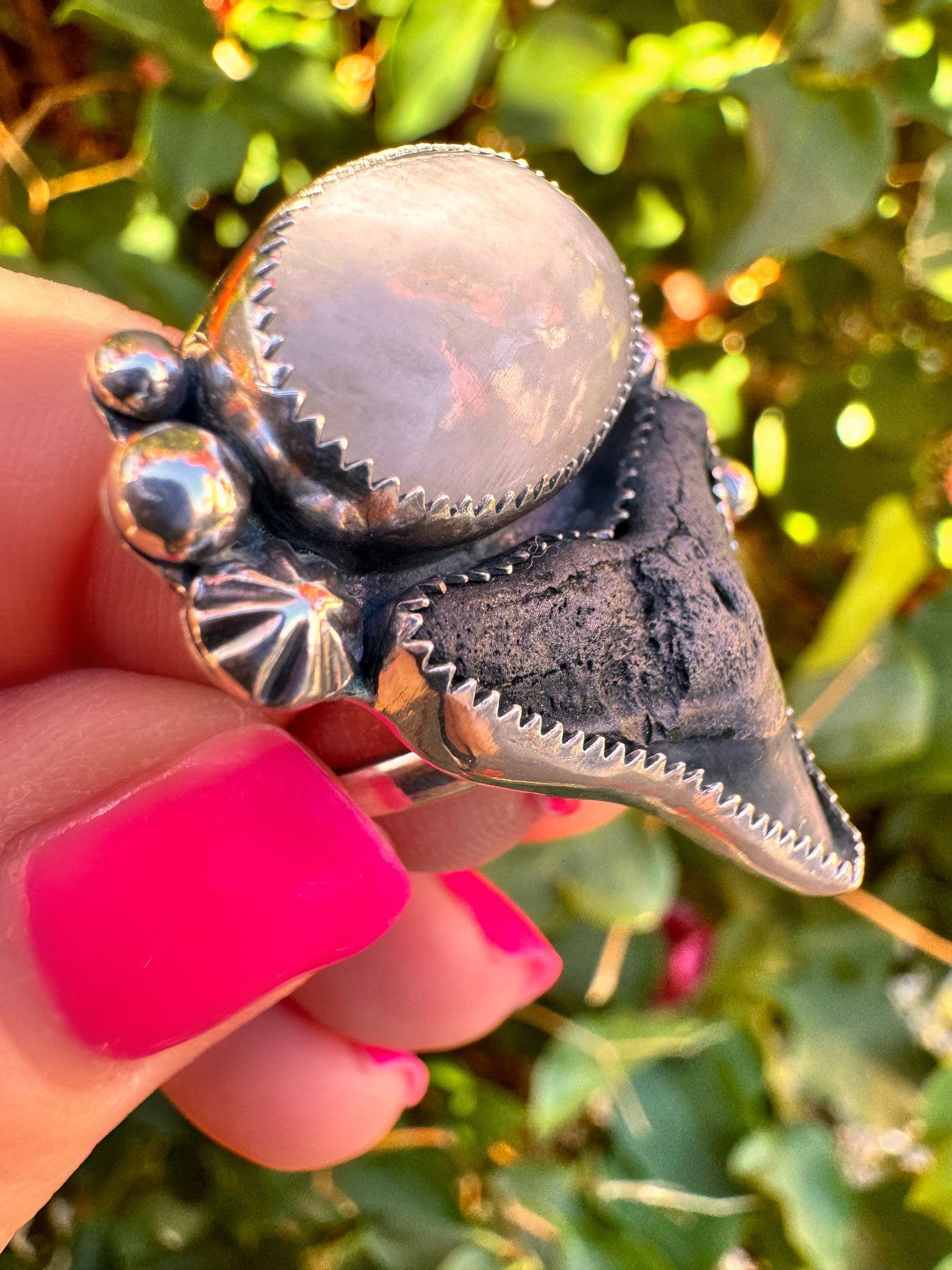 Moonstone and Fossilized Shark Tooth, One-of-a-Kind Boho Western Coastal Ring in Sterling and Fine Silver - Ready to Ship Size 9 Ring