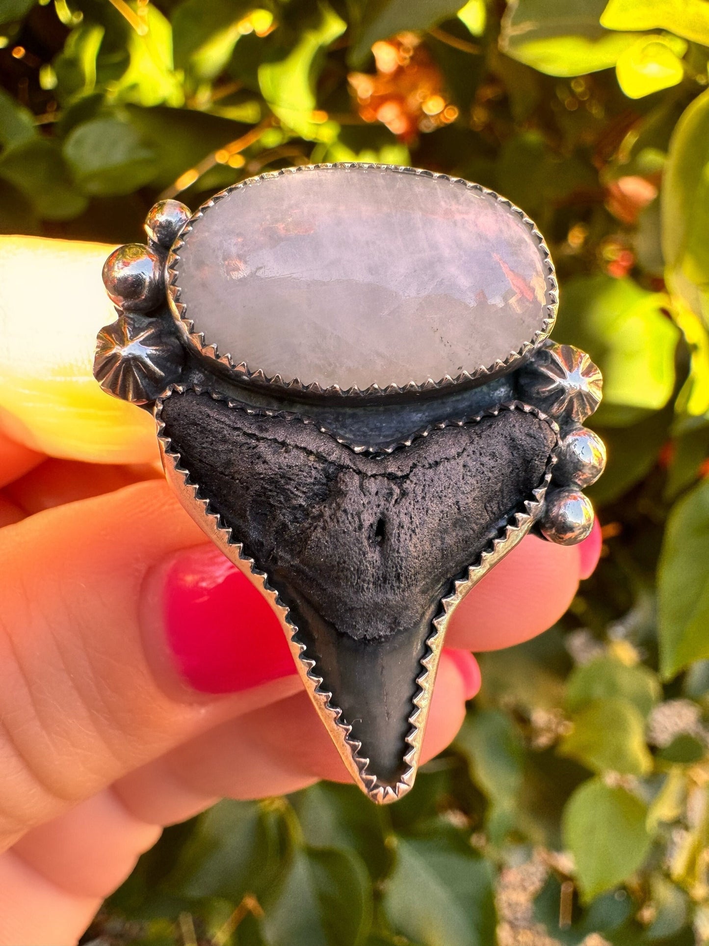 Moonstone and Fossilized Shark Tooth, One-of-a-Kind Boho Western Coastal Ring in Sterling and Fine Silver - Ready to Ship Size 9 Ring