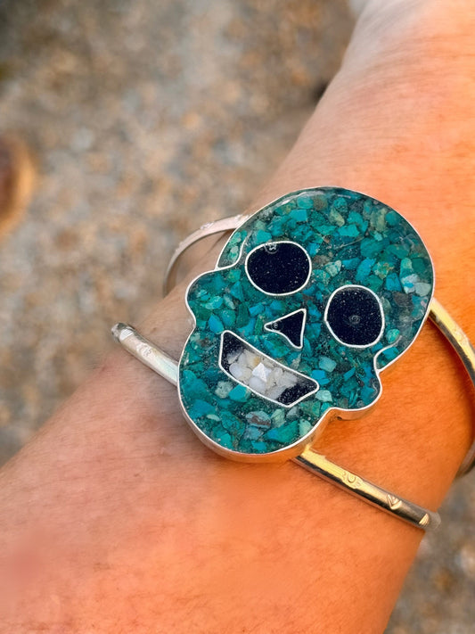 Cuff - Sugar Skull Inspired Statement, Cuff, Desert Style, Boho Chic, Boho, Inlay Jewelry, Dia De Los Muertos, Arizona Jewelry, Silver