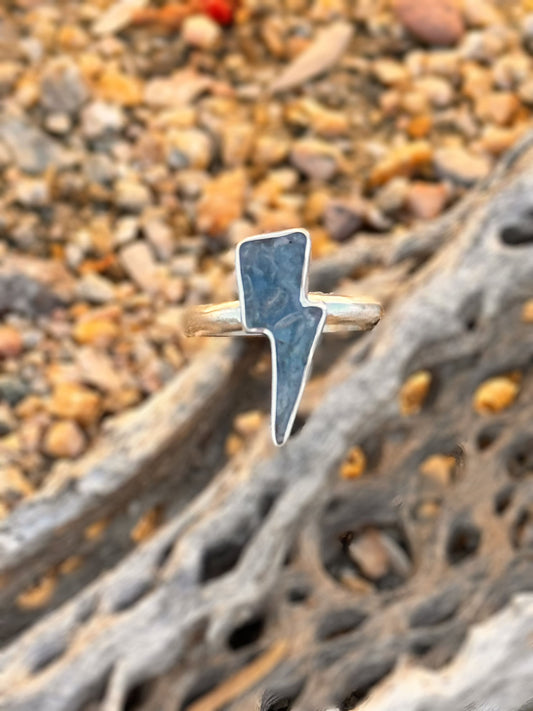 Aquamarine Lightning Bolt Handmade, One-of-a-Kind Inlay Ring in Sterling and Fine Silver - Ready to Ship Approx Size 9 1/4 Ring