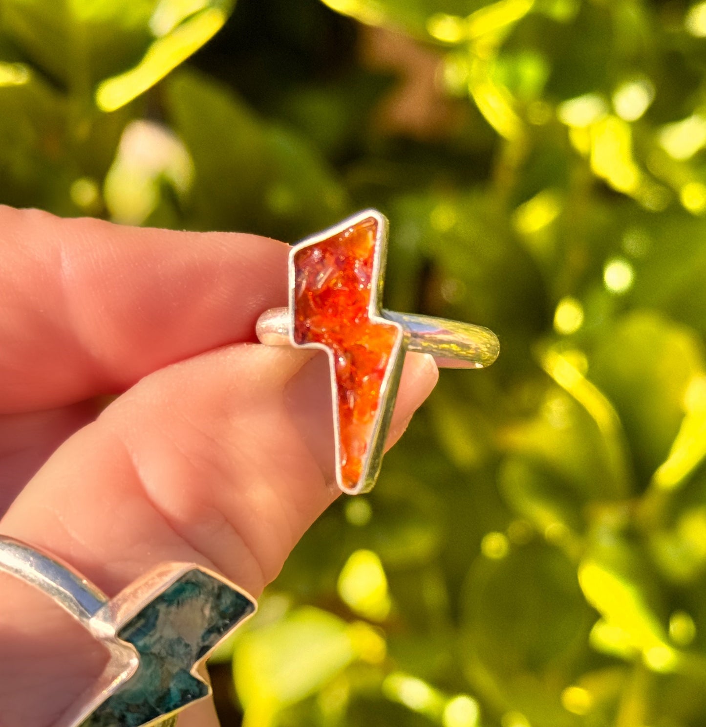 Fire Opal Lightning Bolt Handmade, One-of-a-Kind Crushed Inlay Ring in Sterling & Fine Silver - Ready to Ship Approx Size 8 1/4 Ring