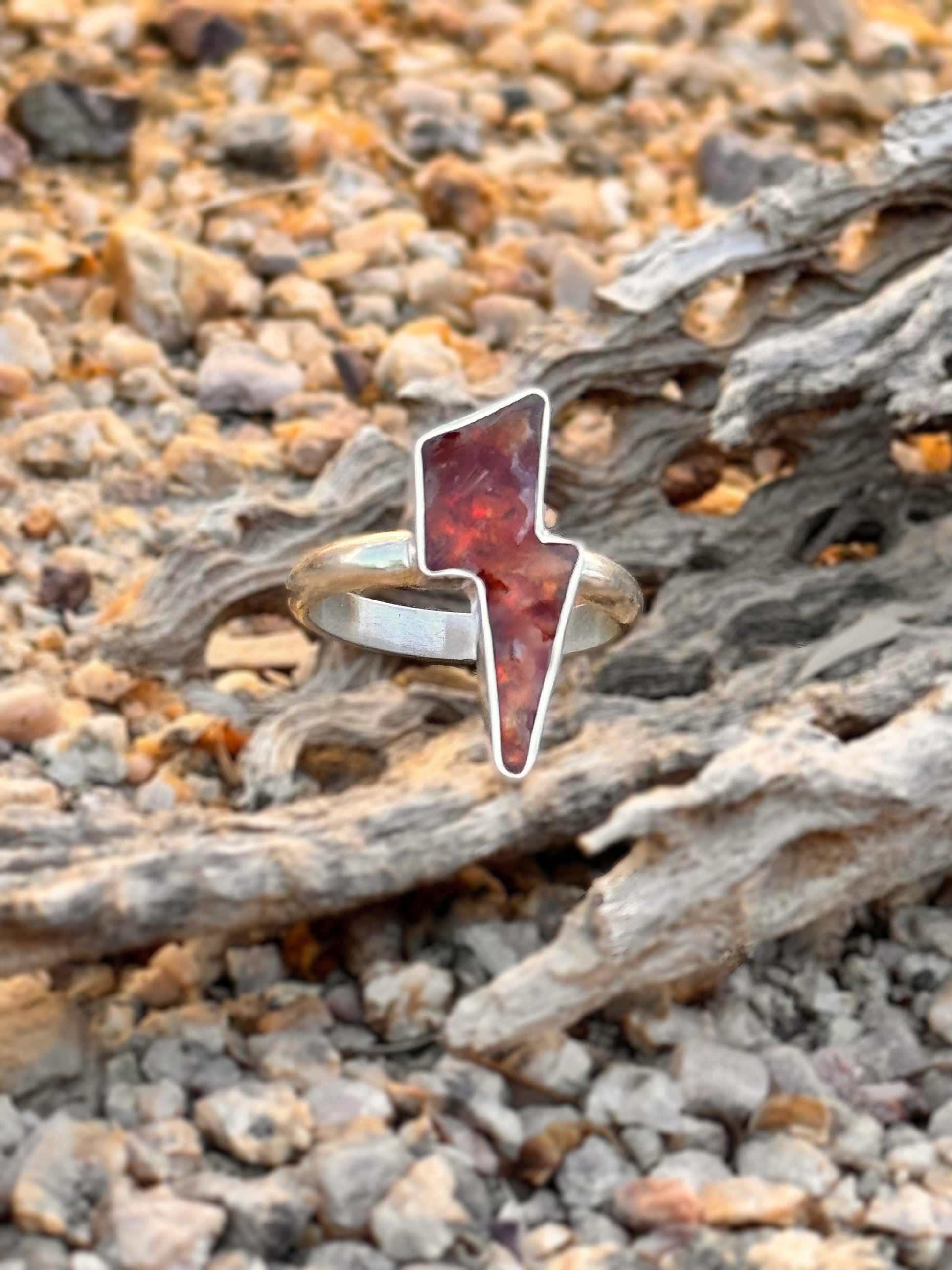 Custom Fire Opal Lightning Bolt Handmade, One-of-a-Kind Fire Opal Inlay Ring in Sterling and Fine Silver - Made to Order In Your Size