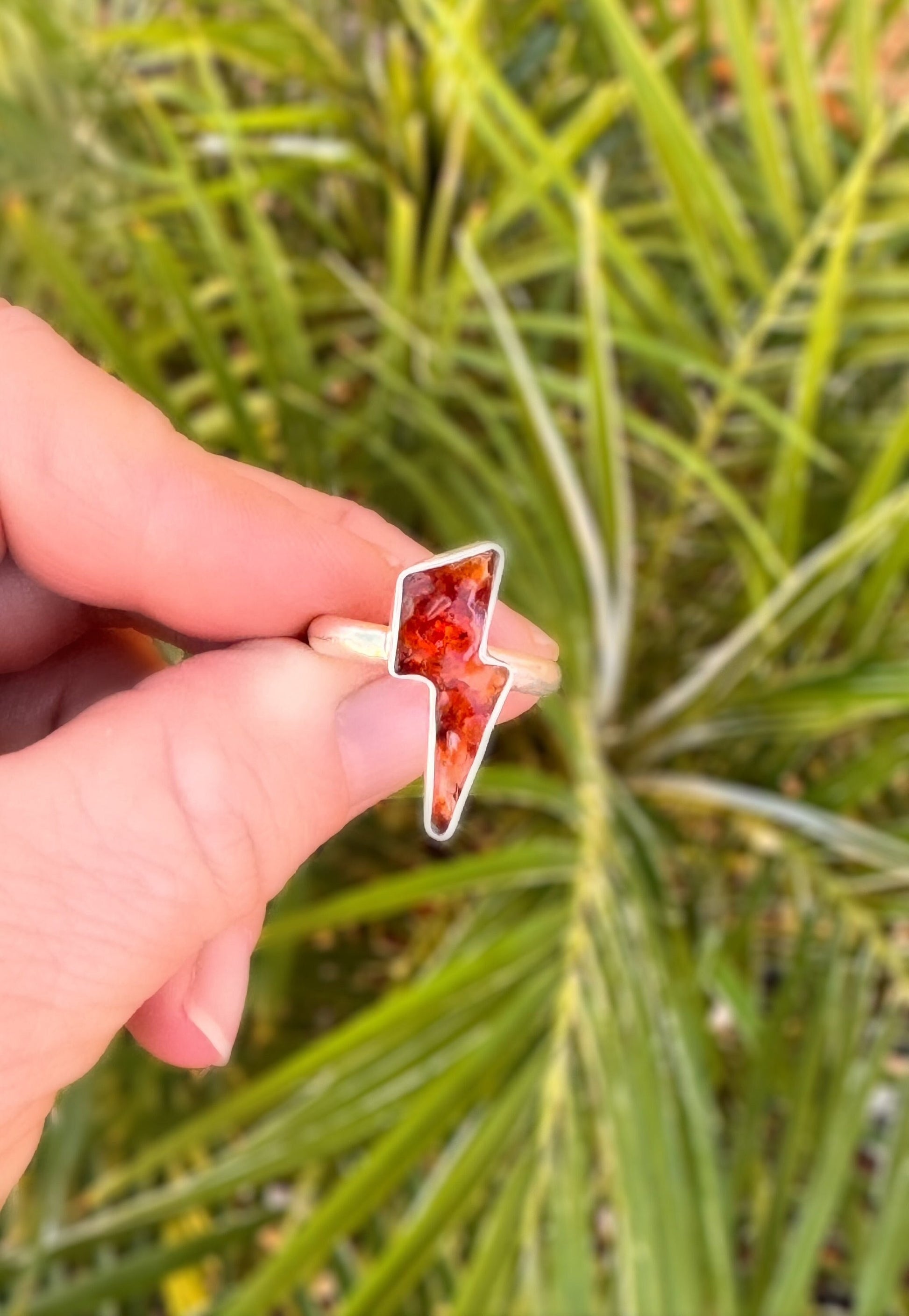 Custom Fire Opal Lightning Bolt Handmade, One-of-a-Kind Fire Opal Inlay Ring in Sterling and Fine Silver - Made to Order In Your Size