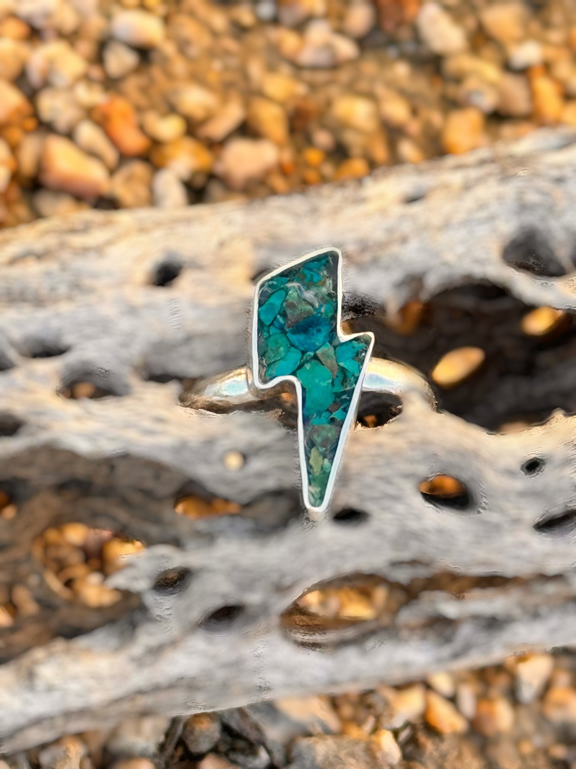 Custom Handmade Lightning Bolt, One-of-a-Kind Crushed Chrysocolla Inlay Ring in Sterling and Fine Silver - Made to Order in Your Size