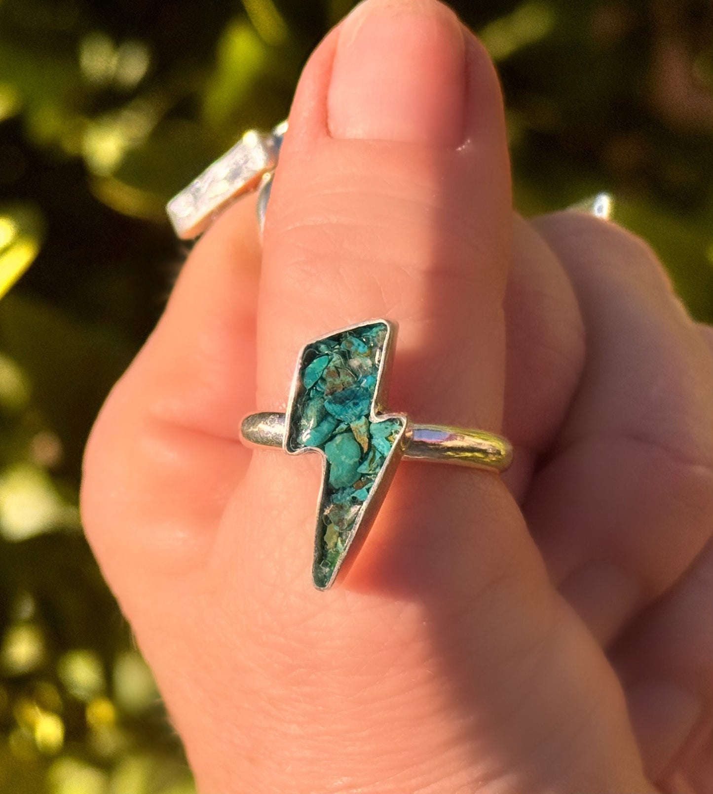 Custom Handmade Lightning Bolt, One-of-a-Kind Crushed Chrysocolla Inlay Ring in Sterling and Fine Silver - Made to Order in Your Size