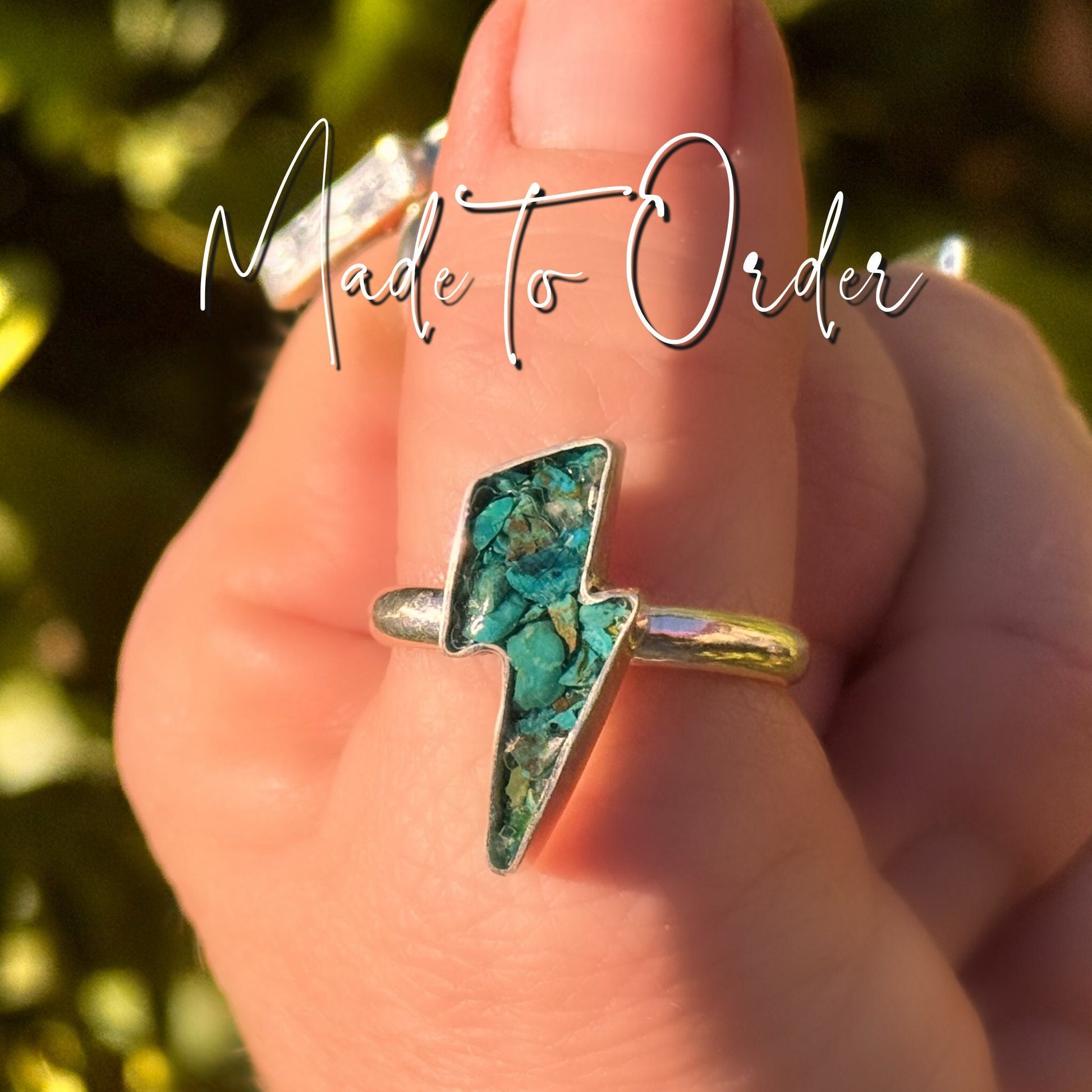 Custom Handmade Lightning Bolt, One-of-a-Kind Crushed Chrysocolla Inlay Ring in Sterling and Fine Silver - Made to Order in Your Size