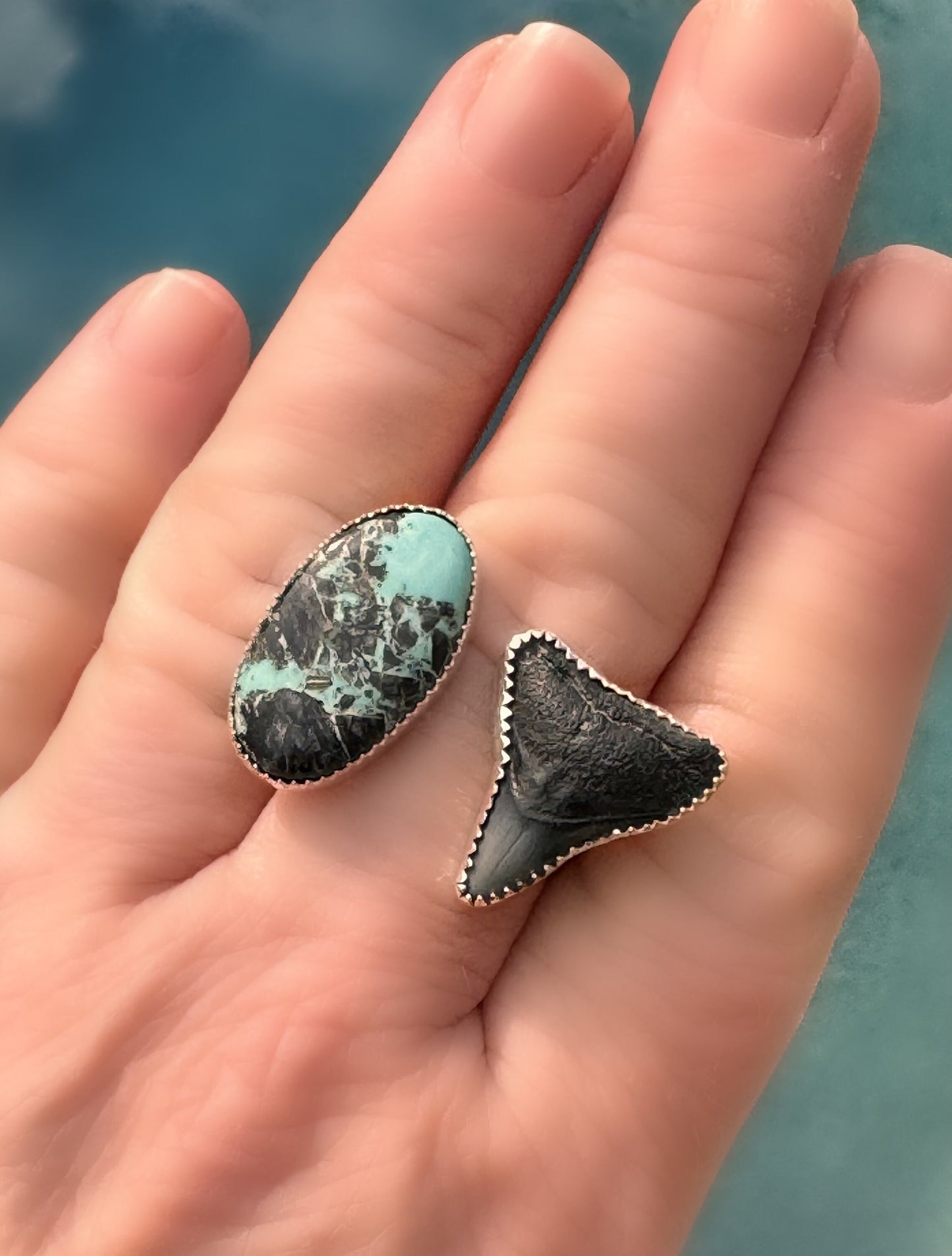 Blue Kingman Turquoise Ring, Shark Tooth and Turquoise Open Ring, Handmade, 925 Silver Ring Sz 9.25 Trending Now, Blue Turquoise, Boho Beach