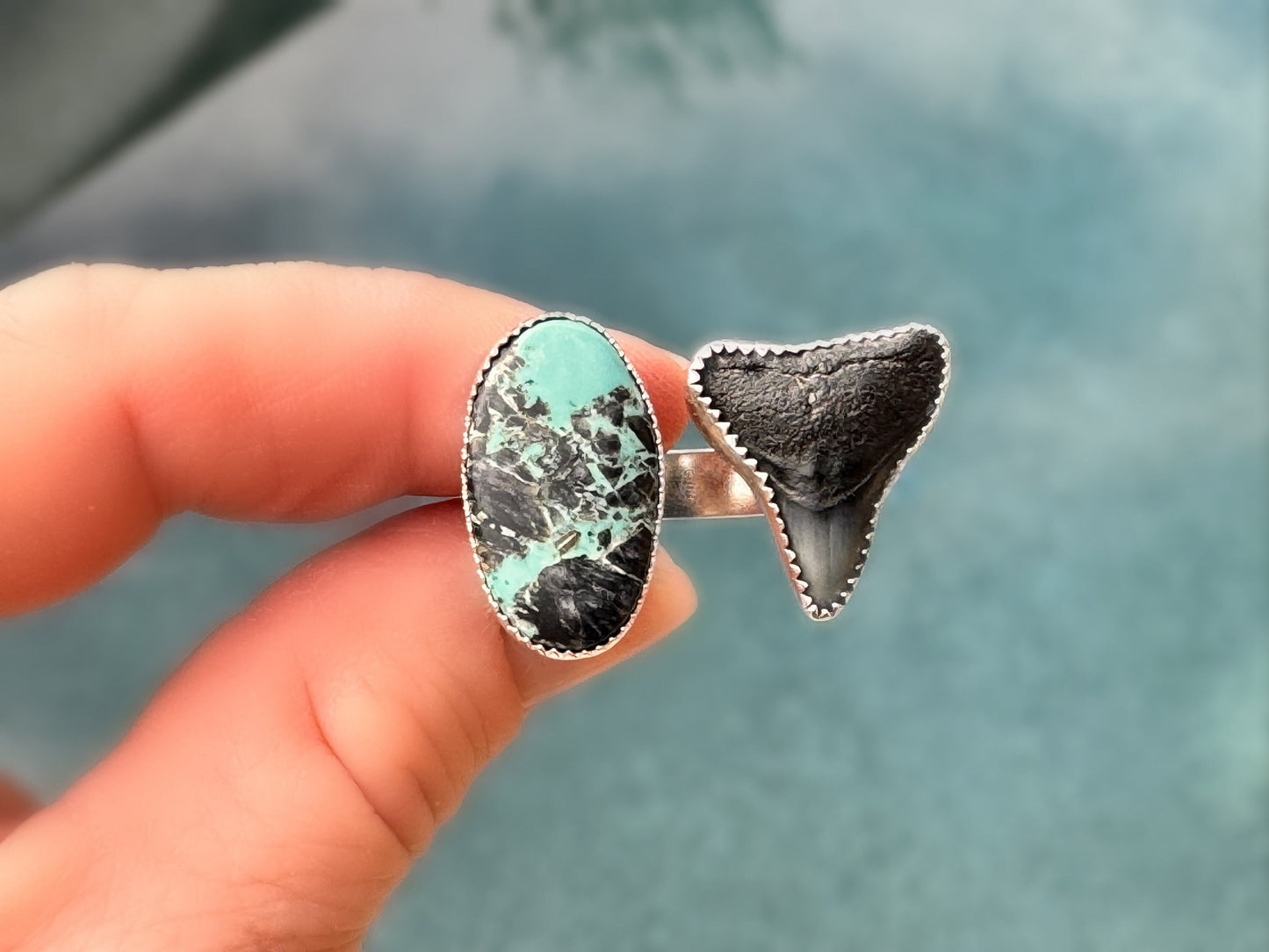 Blue Kingman Turquoise Ring, Shark Tooth and Turquoise Open Ring, Handmade, 925 Silver Ring Sz 9.25 Trending Now, Blue Turquoise, Boho Beach