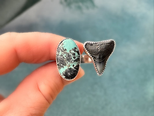 Blue Kingman Turquoise Ring, Shark Tooth and Turquoise Open Ring, Handmade, 925 Silver Ring Sz 9.25 Trending Now, Blue Turquoise, Boho Beach