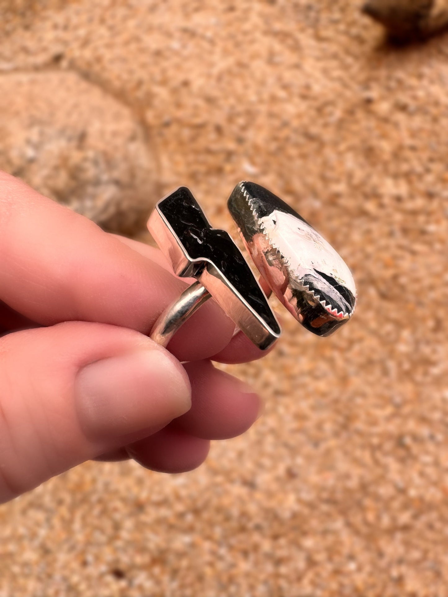 White Buffalo Turquoise Ring, Lightning Bolt Crushed Inlay Open Cuff Ring, Handmade, 925 Silver Ring Sz 10 Trending Now, Black Bolt, Edgy