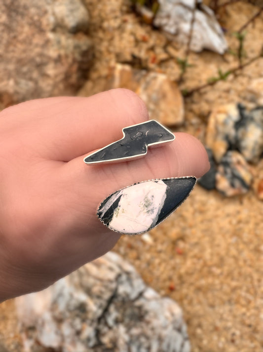 White Buffalo Turquoise Ring, Lightning Bolt Crushed Inlay Open Cuff Ring, Handmade, 925 Silver Ring Sz 10 Trending Now, Black Bolt, Edgy