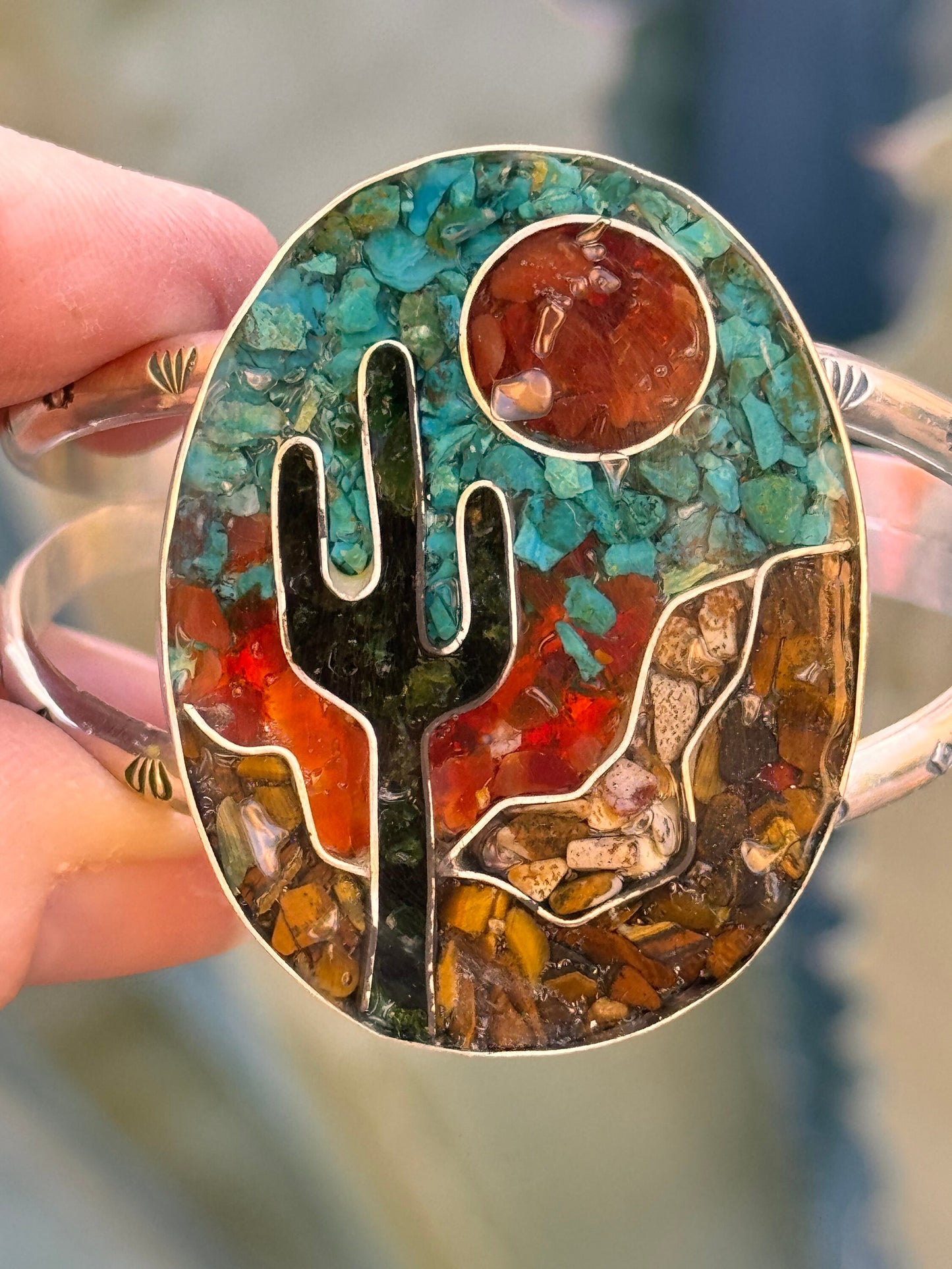 Cuff - Desert Inspired Statement, Cactus Cuff, Desert Style, Boho Chic, Boho, Inlay Bracelet, Saguaro, Sun and Sky, Crushed Gemstone, Silver