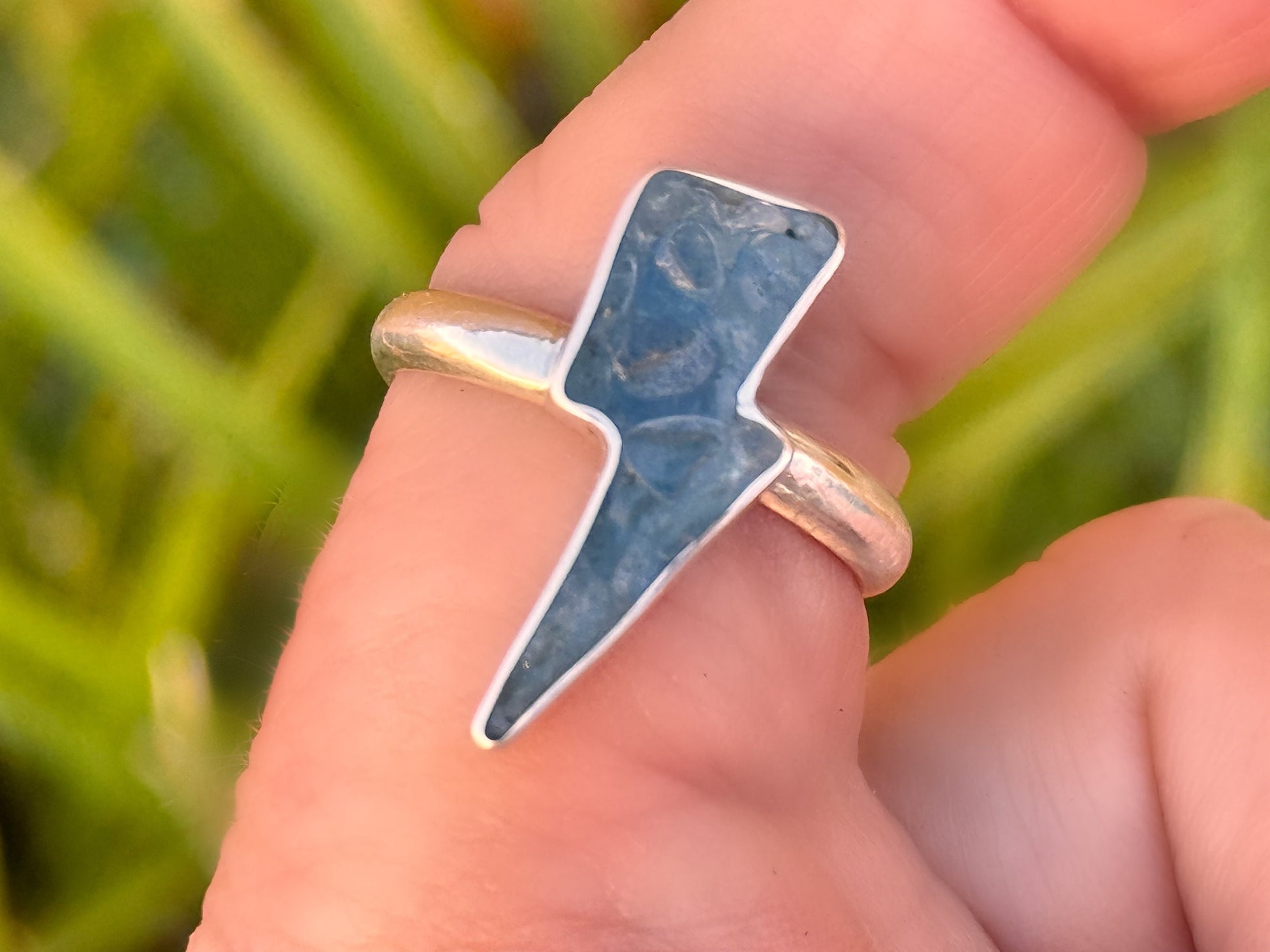 Custom Aquamarine Lightning Bolt Handmade, One-of-a-Kind Crushed Gem Ring in Sterling and Fine Silver - Made to Order In Your Size