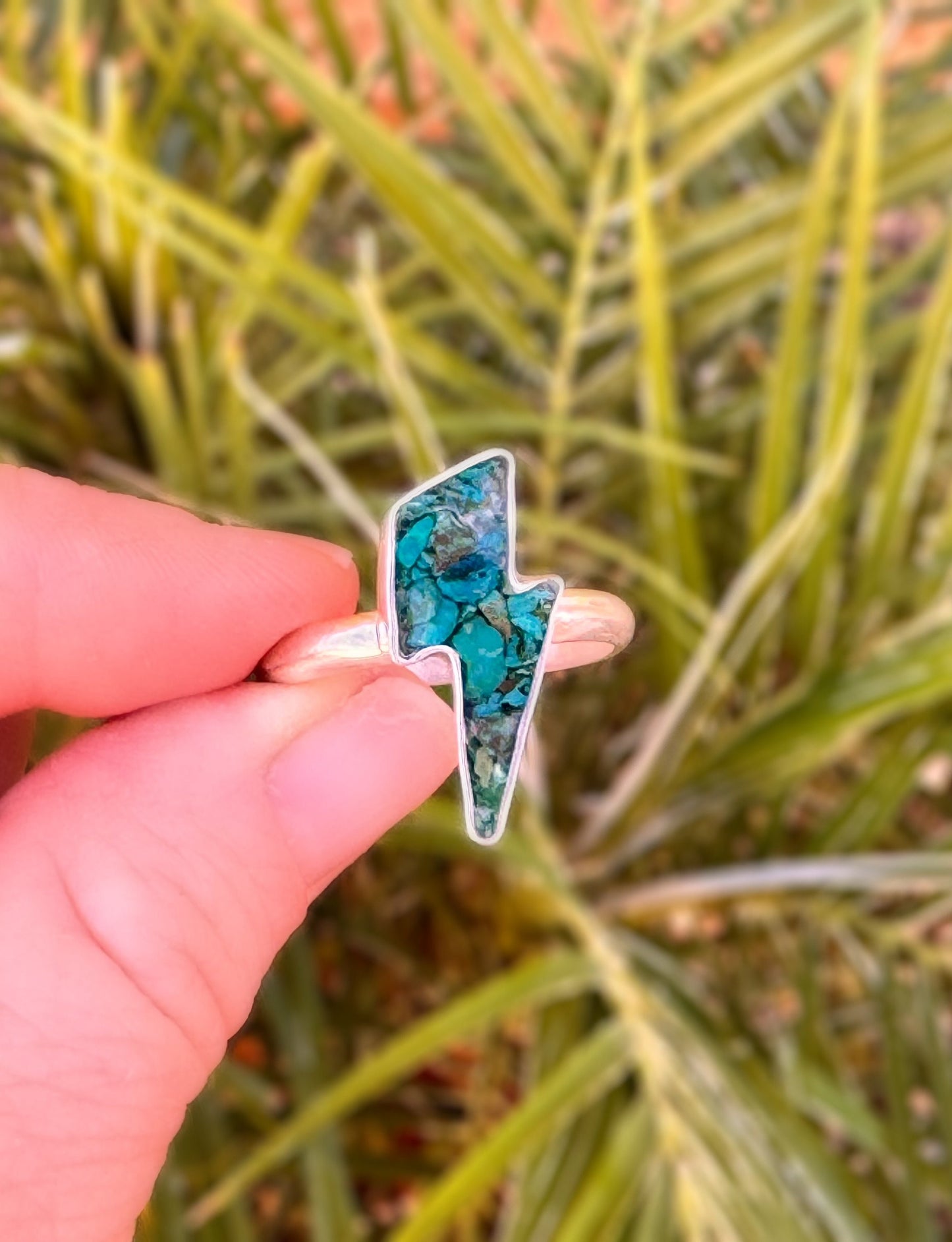 Custom Handmade Lightning Bolt, One-of-a-Kind Crushed Chrysocolla Inlay Ring in Sterling and Fine Silver - Made to Order in Your Size