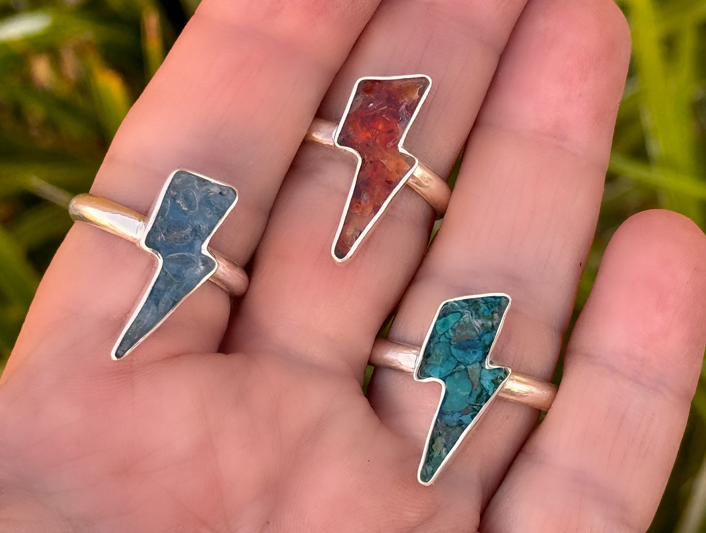 Custom Handmade Lightning Bolt, One-of-a-Kind Crushed Chrysocolla Inlay Ring in Sterling and Fine Silver - Made to Order in Your Size