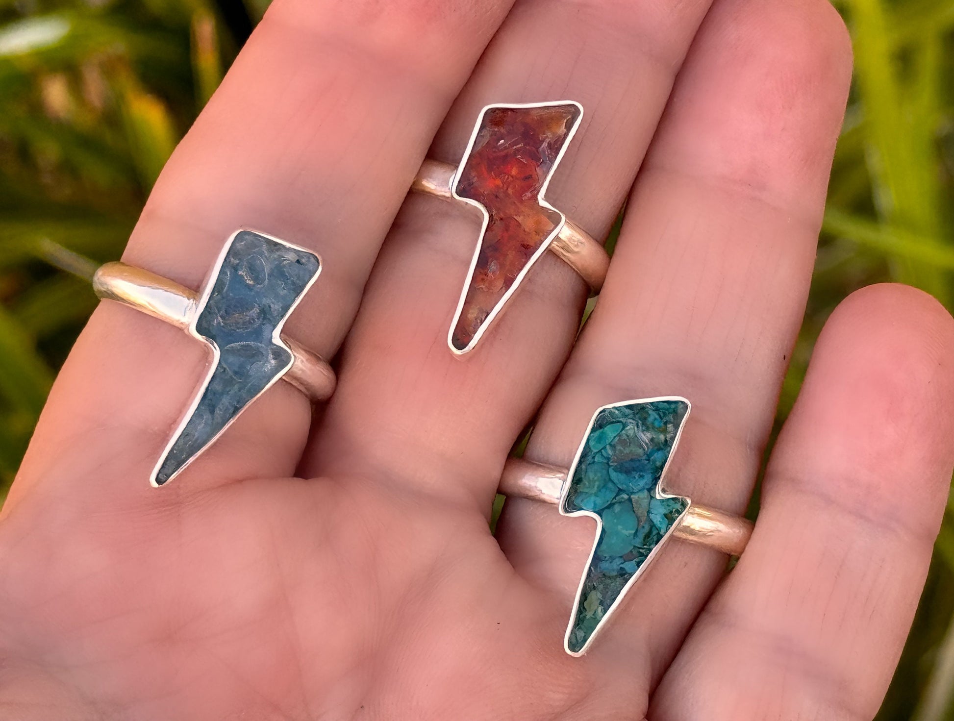 Custom Handmade Lightning Bolt, One-of-a-Kind Crushed Chrysocolla Inlay Ring in Sterling and Fine Silver - Made to Order in Your Size