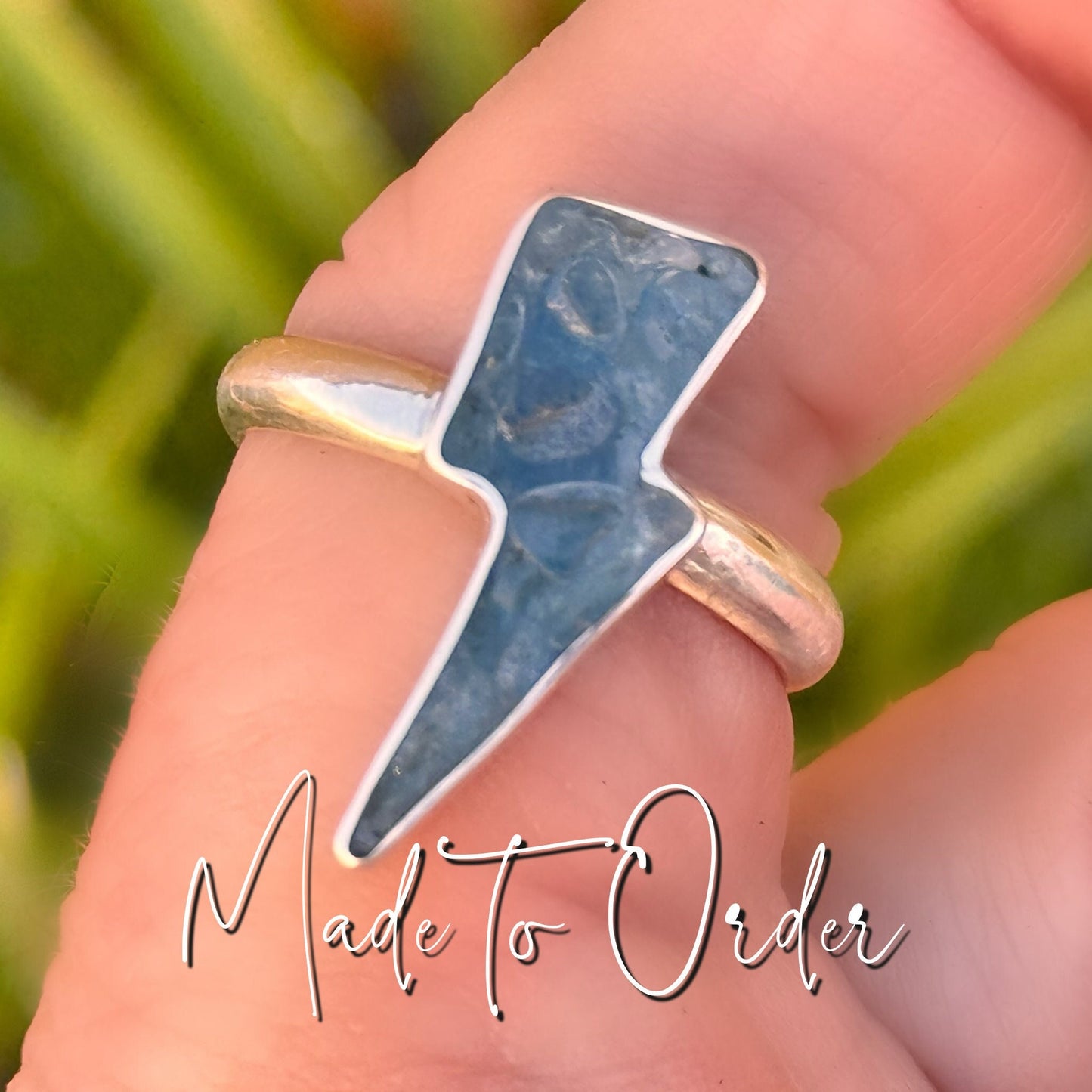 Custom Aquamarine Lightning Bolt Handmade, One-of-a-Kind Crushed Gem Ring in Sterling and Fine Silver - Made to Order In Your Size