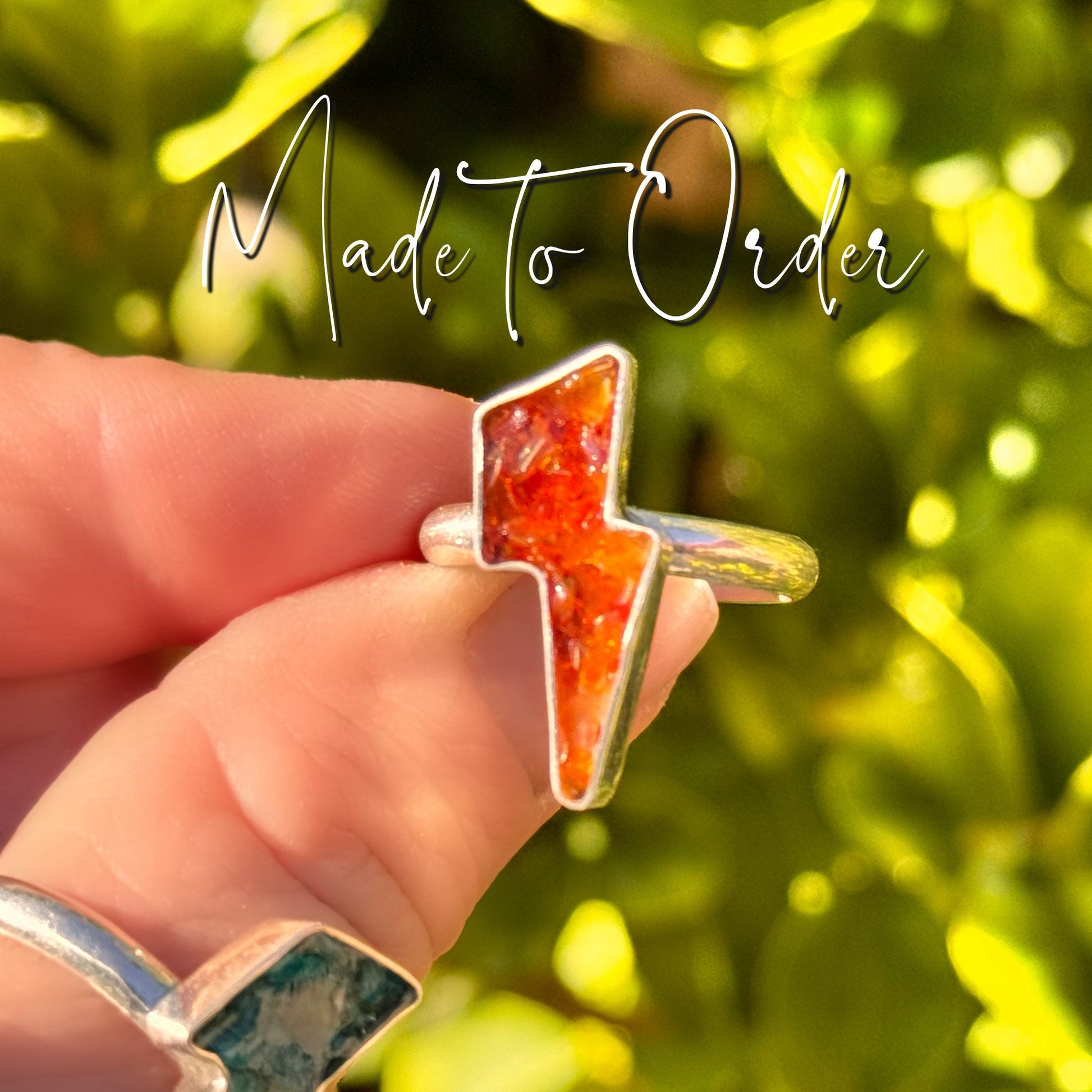 Custom Fire Opal Lightning Bolt Handmade, One-of-a-Kind Fire Opal Inlay Ring in Sterling and Fine Silver - Made to Order In Your Size