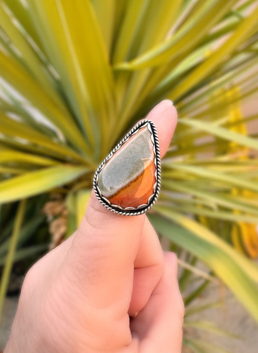 One-of-a-Kind Desert Jasper Ring in Fine and Sterling Silver - Size 6.5 Handcrafted, Stamped, Split Shank Band, Boho Cowgirl, Western, OOAK