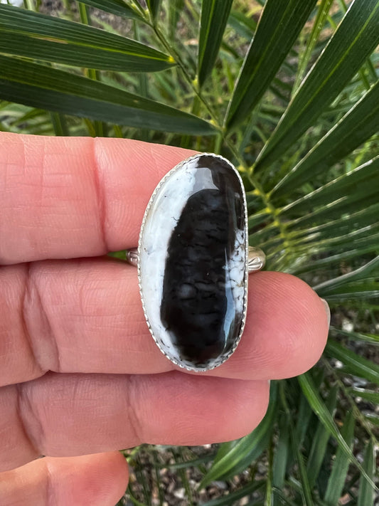 One-of-a-Kind Dendritic Opal Ring in Fine and Sterling Silver - Size 9 Handcrafted, Stamped Band Black and White