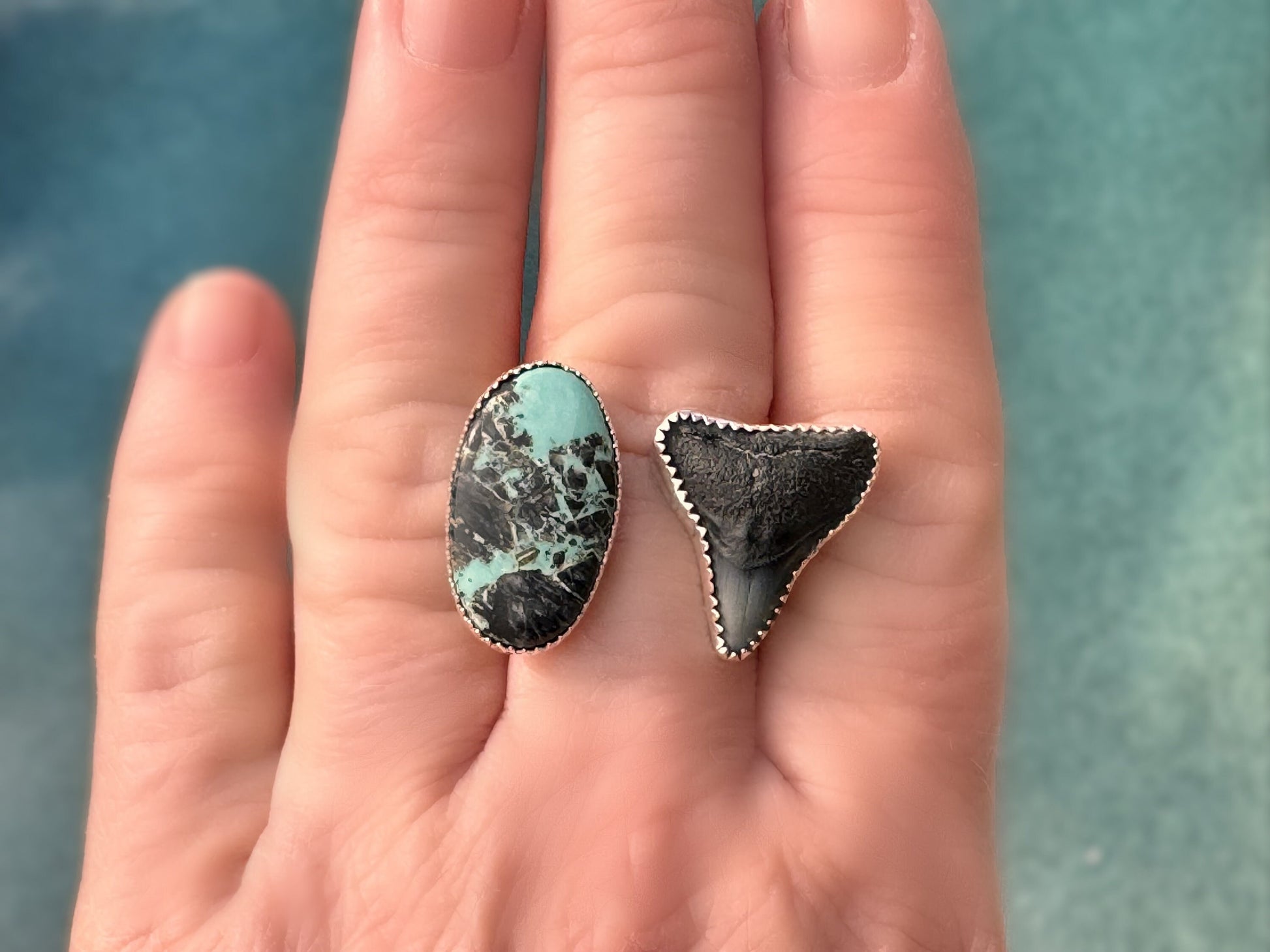 Blue Kingman Turquoise Ring, Shark Tooth and Turquoise Open Ring, Handmade, 925 Silver Ring Sz 9.25 Trending Now, Blue Turquoise, Boho Beach