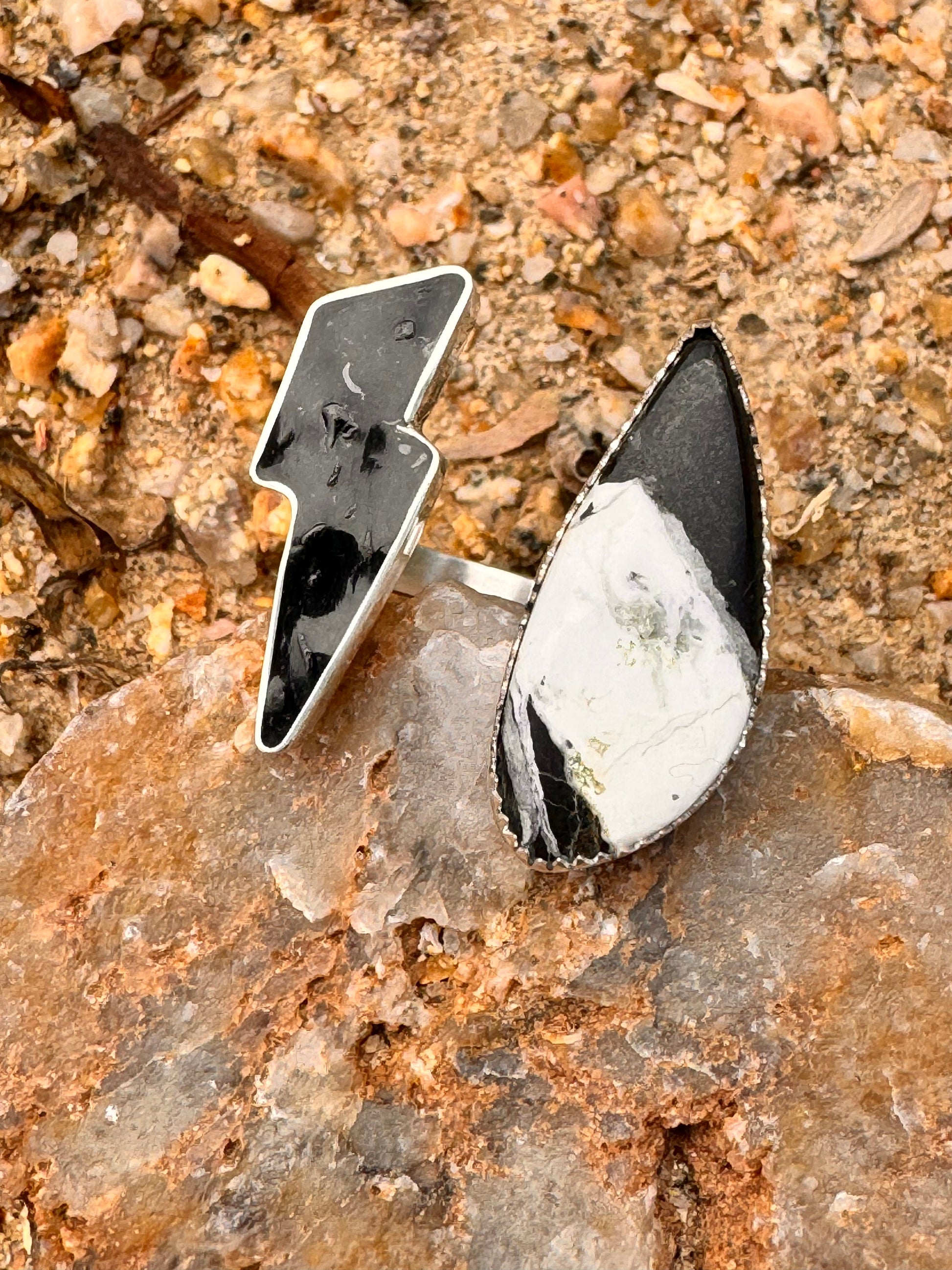 White Buffalo Turquoise Ring, Lightning Bolt Crushed Inlay Open Cuff Ring, Handmade, 925 Silver Ring Sz 10 Trending Now, Black Bolt, Edgy