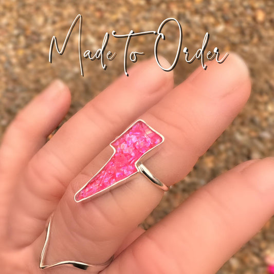 Pink Opal Lightning Bolt Handmade, One-of-a-Kind Opal Inlay Ring in Sterling and Fine Silver - Made to Order In Your Size