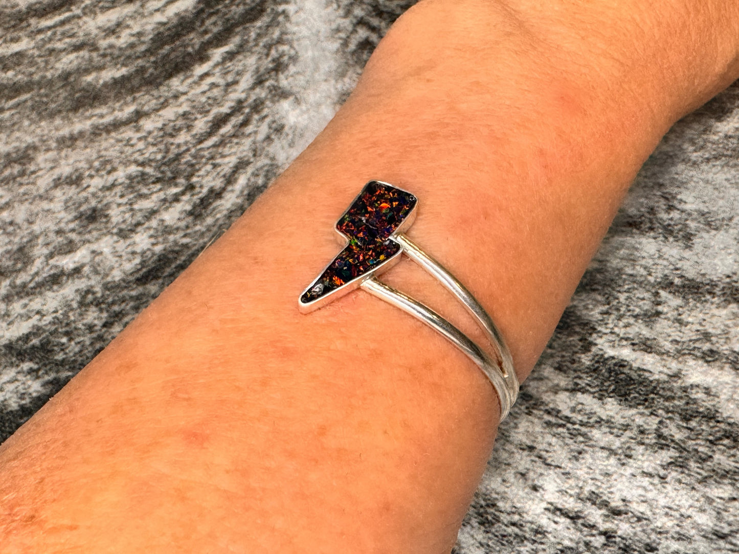 Cuff - Lightning Bolt Cuff, Boho Chic, Boho, Inlay Jewelry, Black Fire Opal Jewelry, Handmade Silver, Edgy, Black Opal, Summer