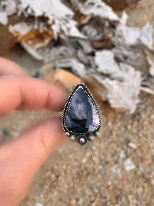 Black and White Dendritic Opal Ring in Fine and Sterling Silver - Size 8.5 Handcrafted, Stamped, Triple Shank Band