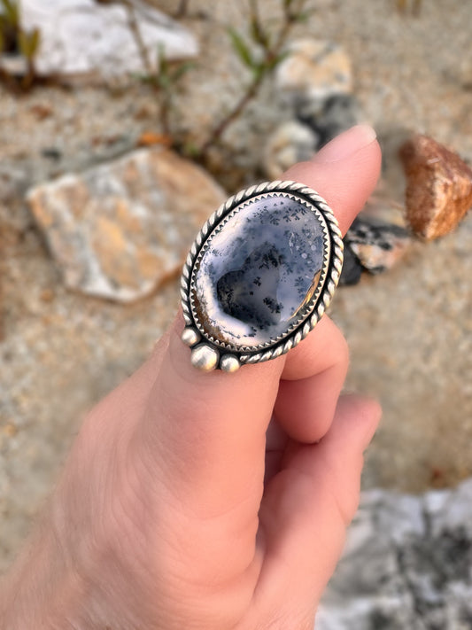 Gorgeous Dendritic Moss Agate Ring in Sterling Silver - Size 6.25 Black White Ring