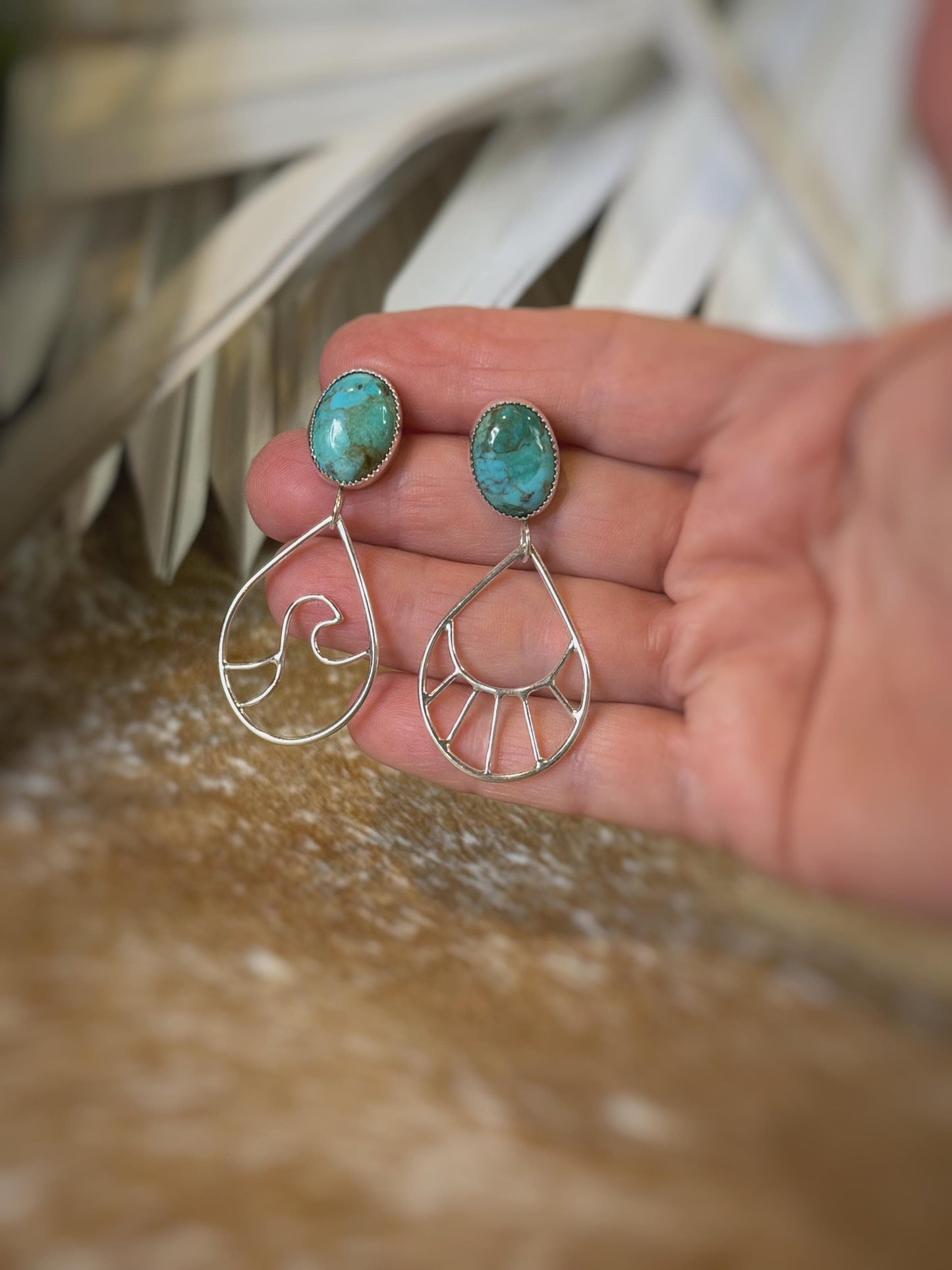 Turquoise Earrings, Sterling Silver Earrings - Ocean Inspired, Gift for Her, Wave, Silver Dangle Earrings, Celestial, Sun